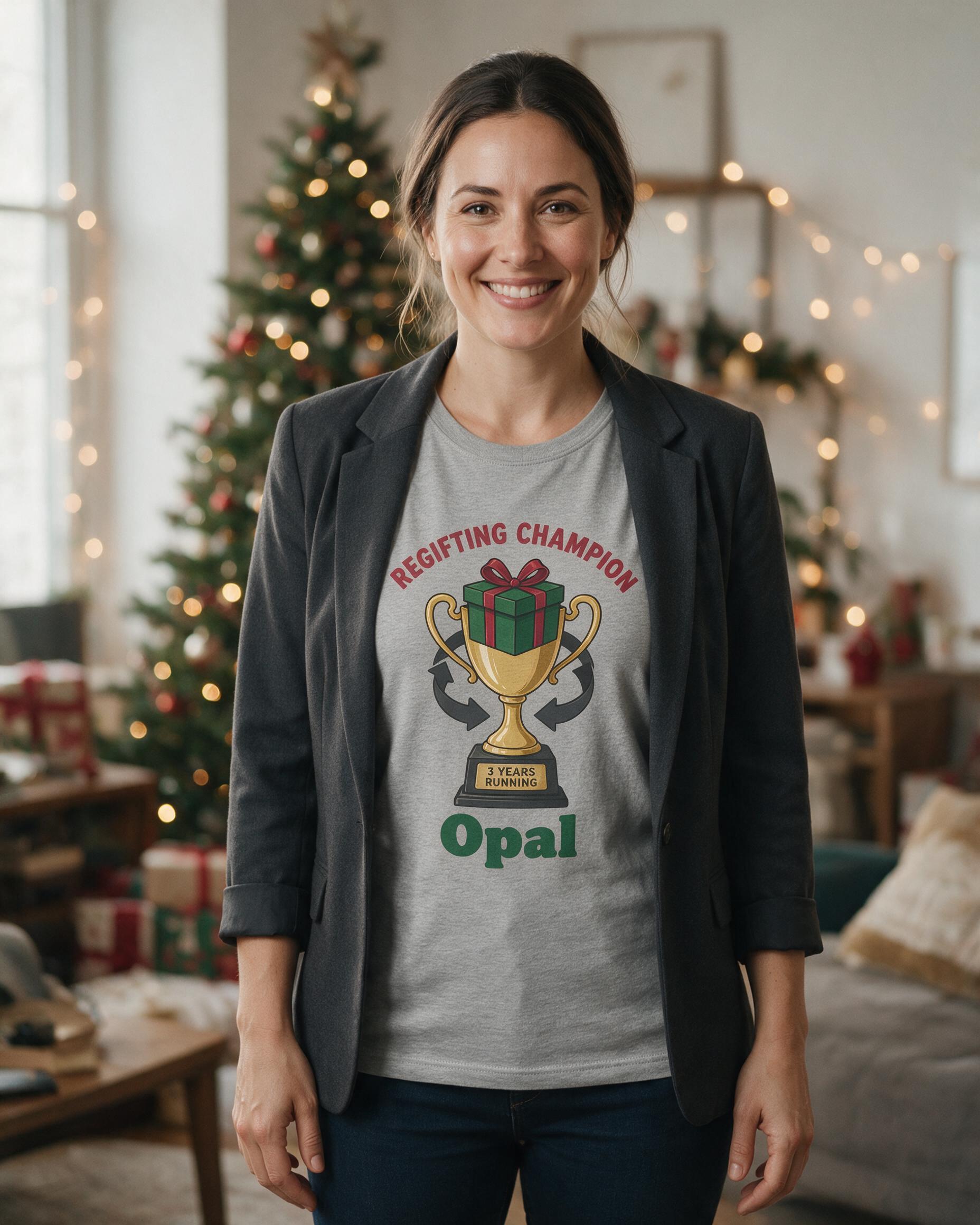 Regifting Champion Trophy Funny Name Christmas Shirt — Sport Grey