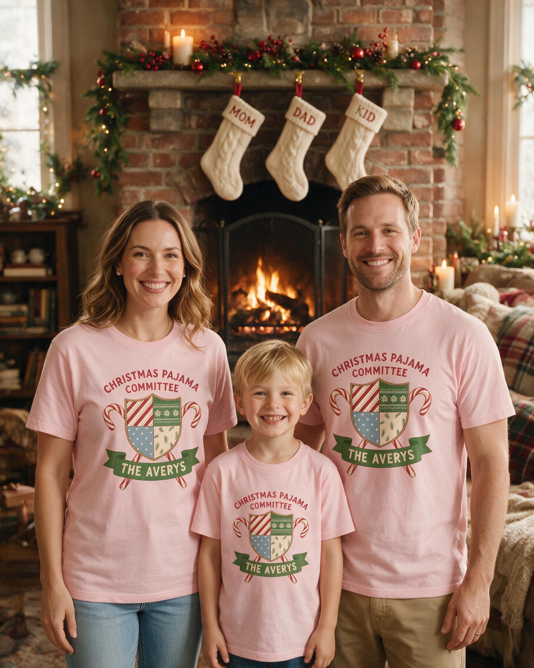Christmas Pajama Committee Family Name Shirt β Light Pink