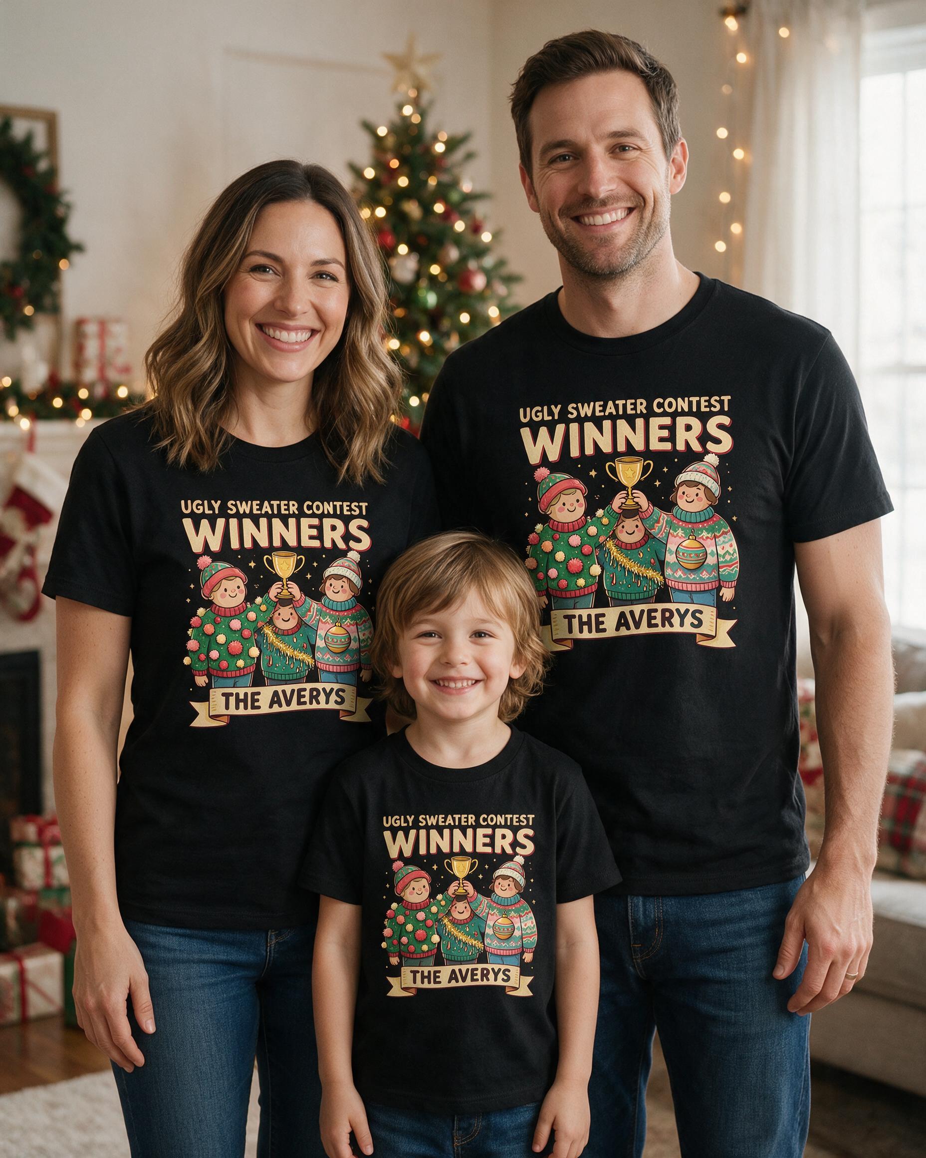 Ugly Sweater Contest Winners Family Photo Shirt — Black