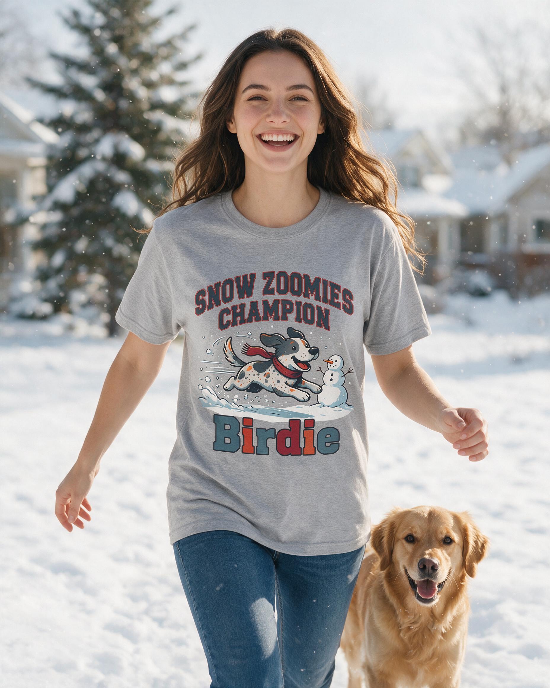 Snow Zoomies Champion Dog Photo Christmas Shirt — Sport Grey