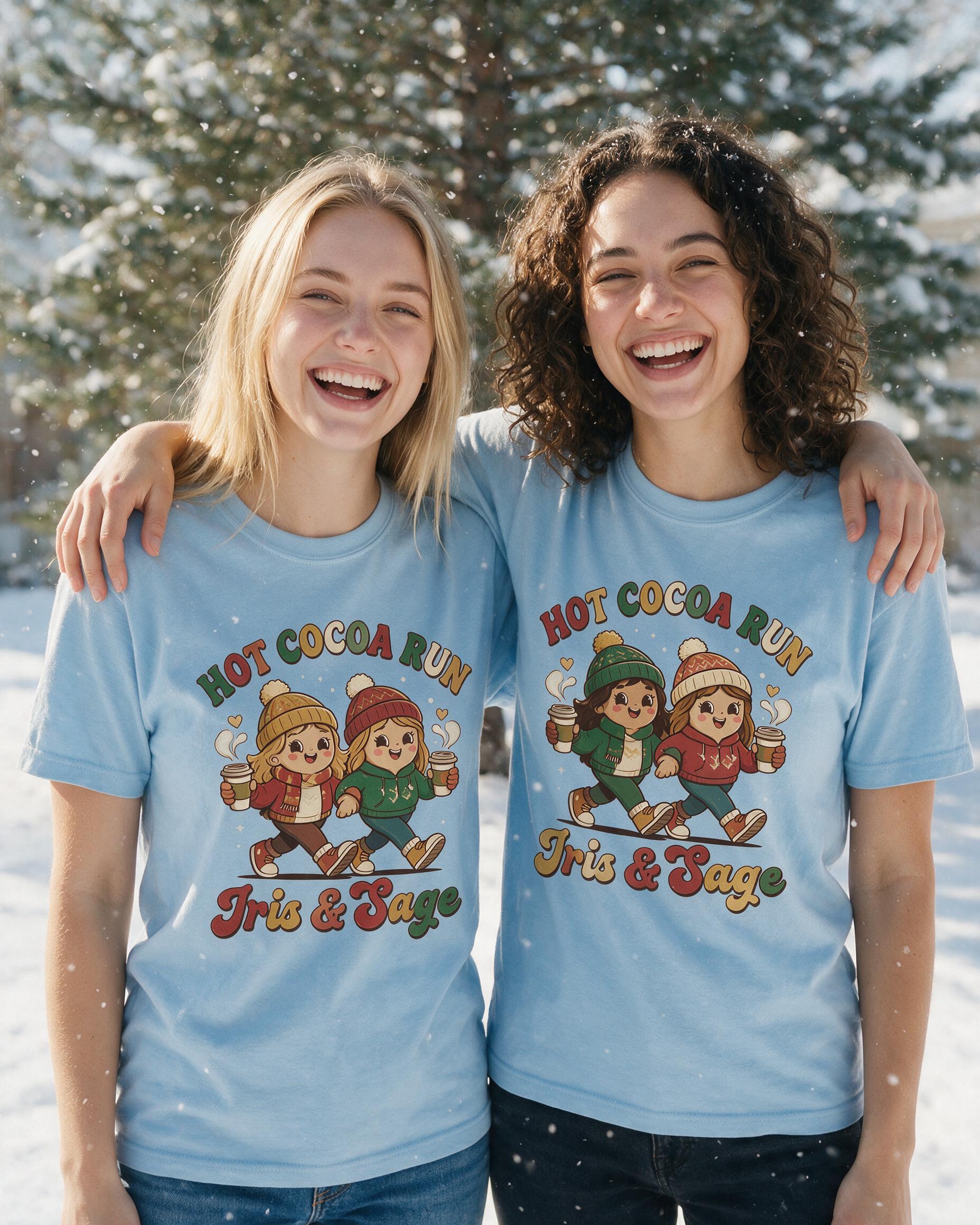 Hot Cocoa Run Besties Photo Christmas Shirt — Light Blue