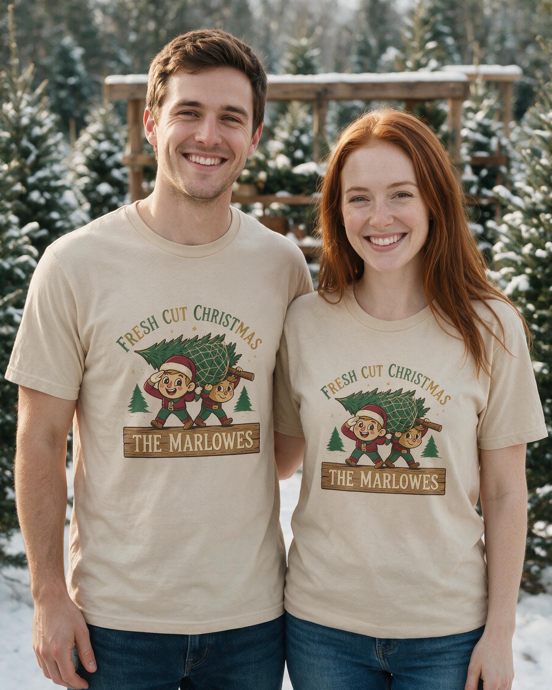 Fresh Cut Christmas Tree Farm Couple Photo Shirt β Sand