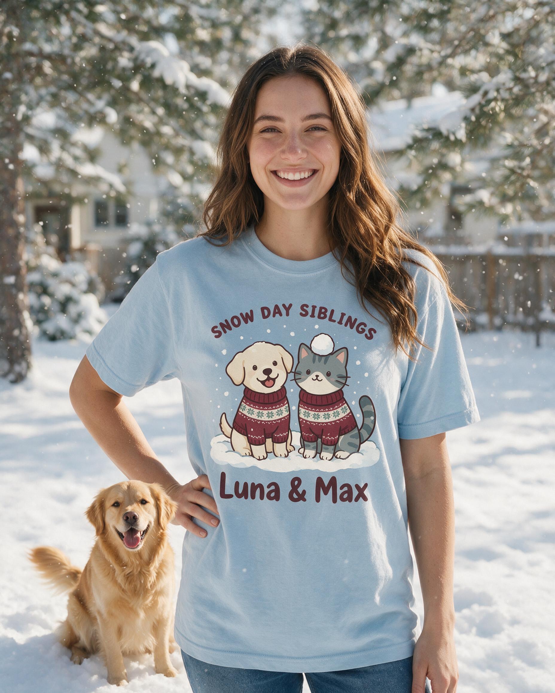 Snow Day Siblings Two Pets Photo Christmas Shirt β Light Blue