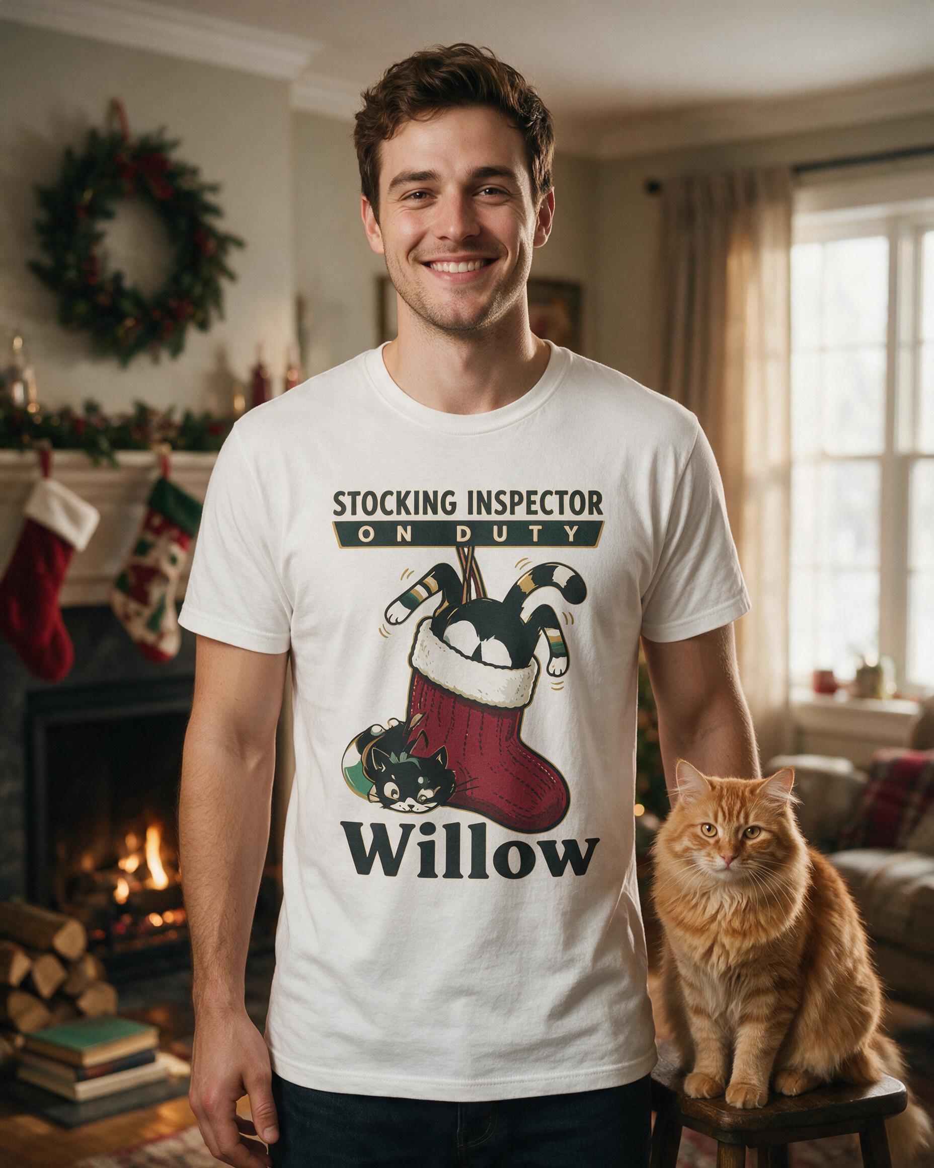 Stocking Inspector Cat Photo Christmas Shirt β White