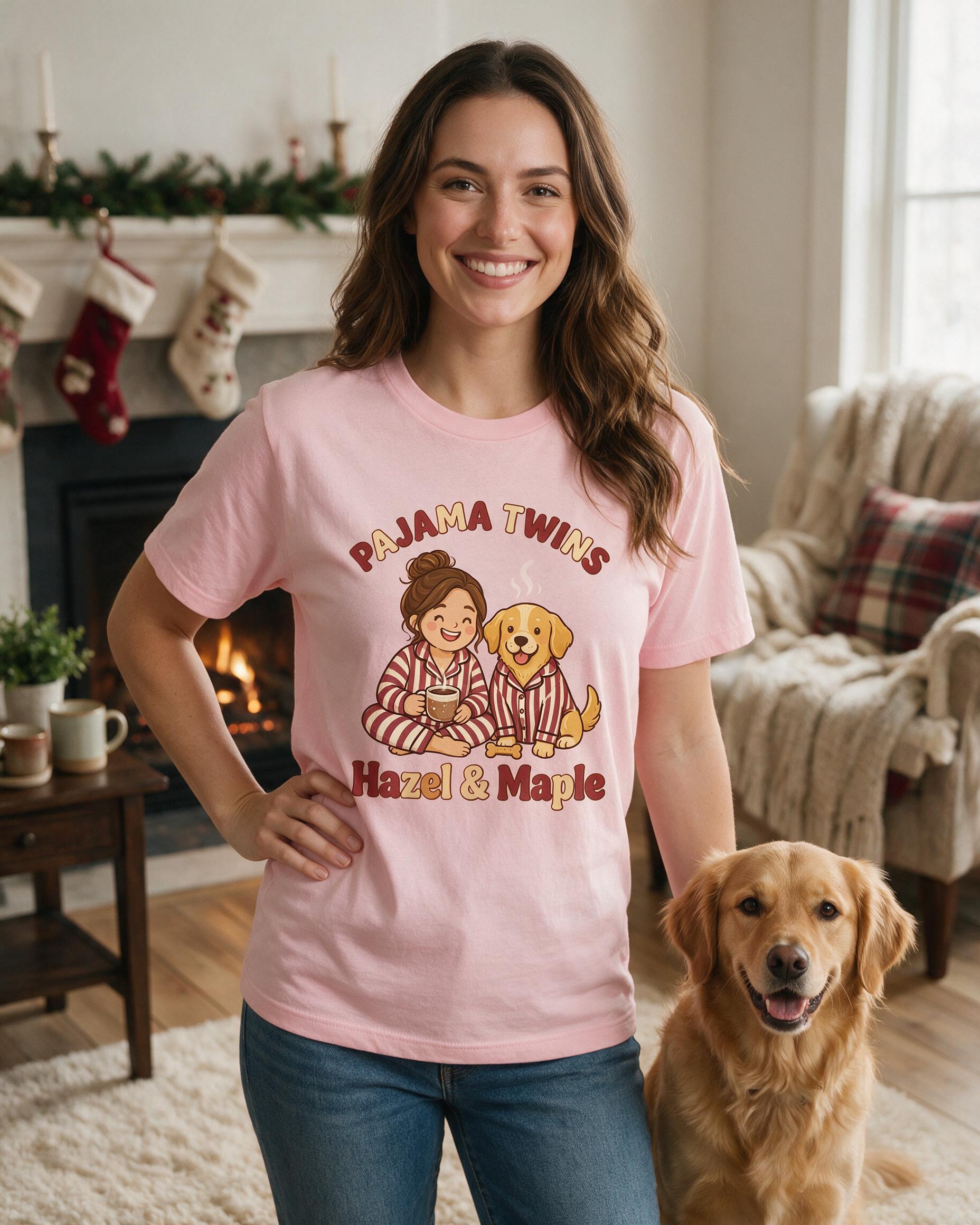 Pajama Twins Owner And Dog Photo Christmas Shirt — Light Pink