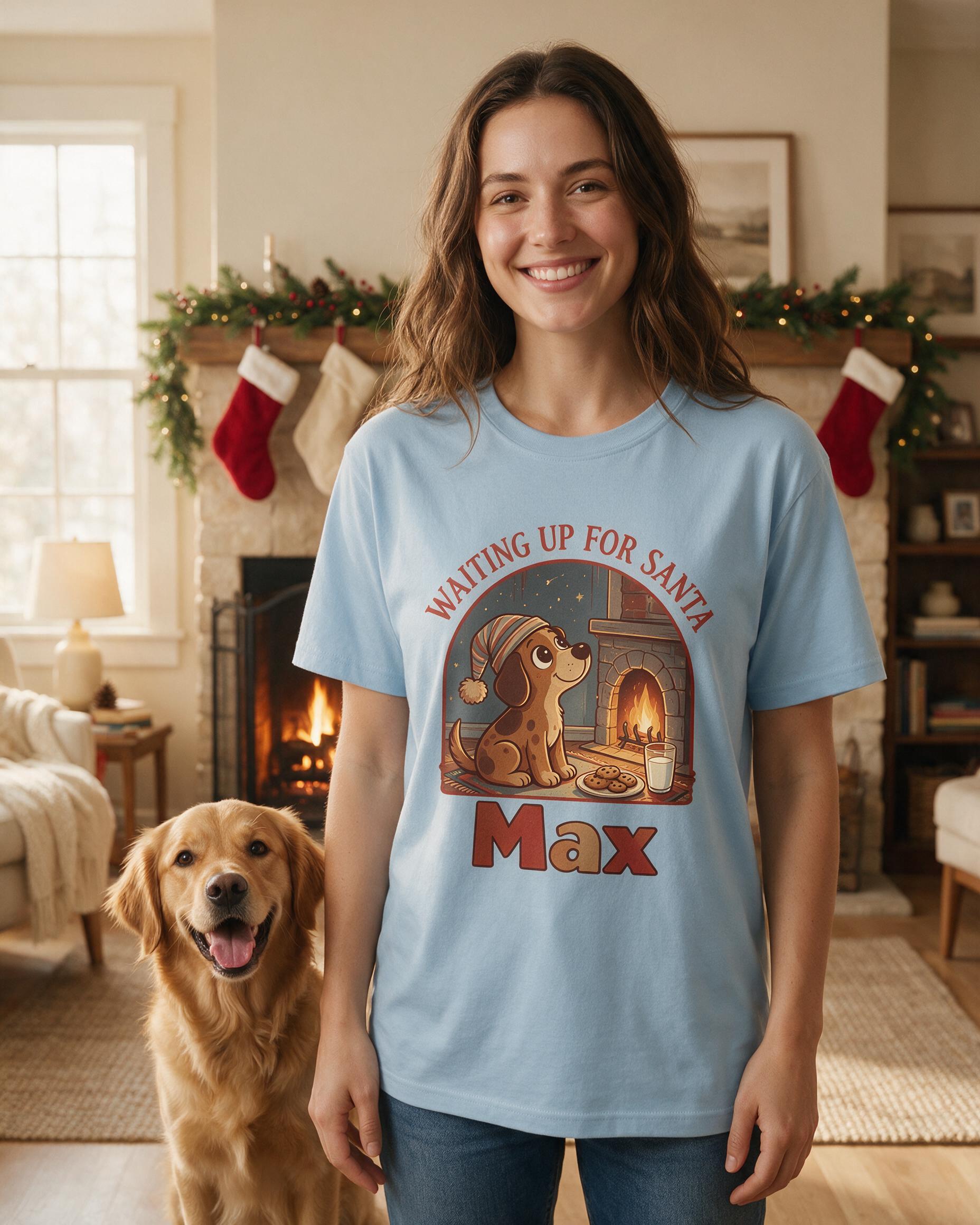 Waiting Up For Santa Dog Photo Christmas Shirt — Light Blue