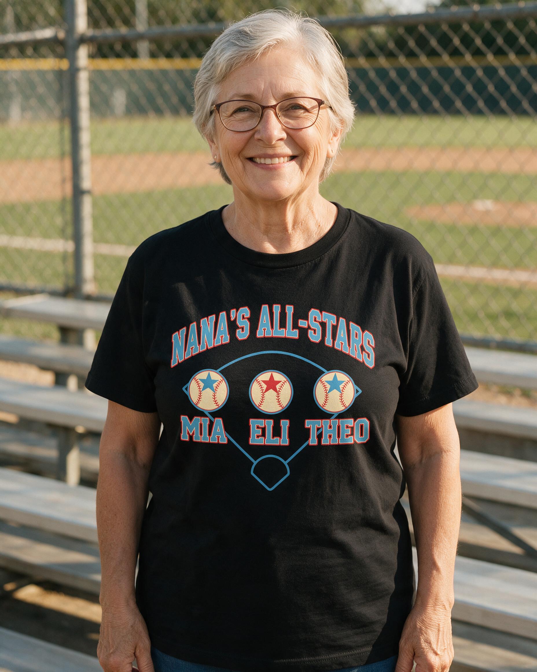 Nana's All Stars Three Names Baseball Personalized Shirt — Black