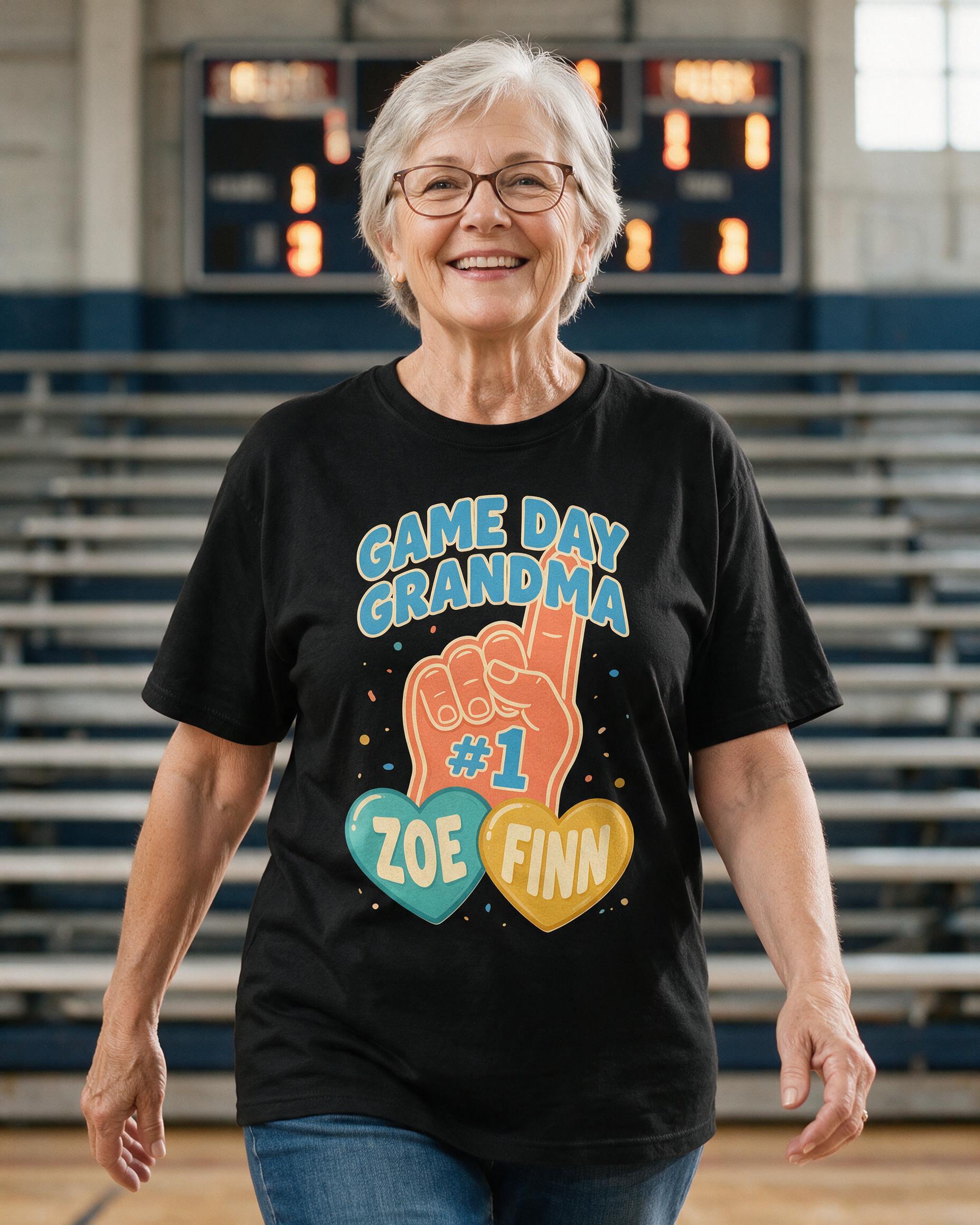 Game Day Grandma Foam Finger Two Names Personalized Shirt — Black