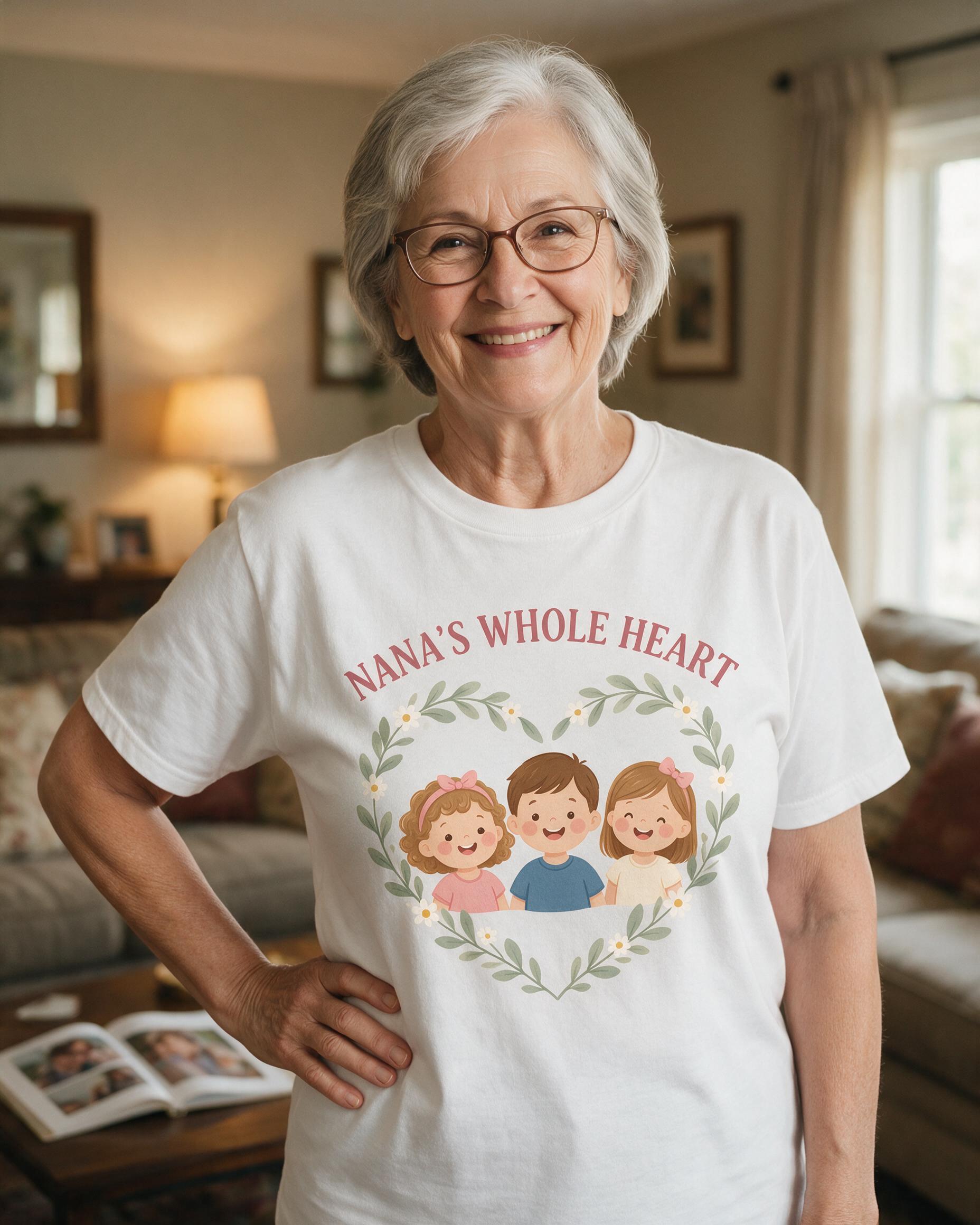 Nana's Whole Heart Grandkids Photo Cartoon Shirt — White