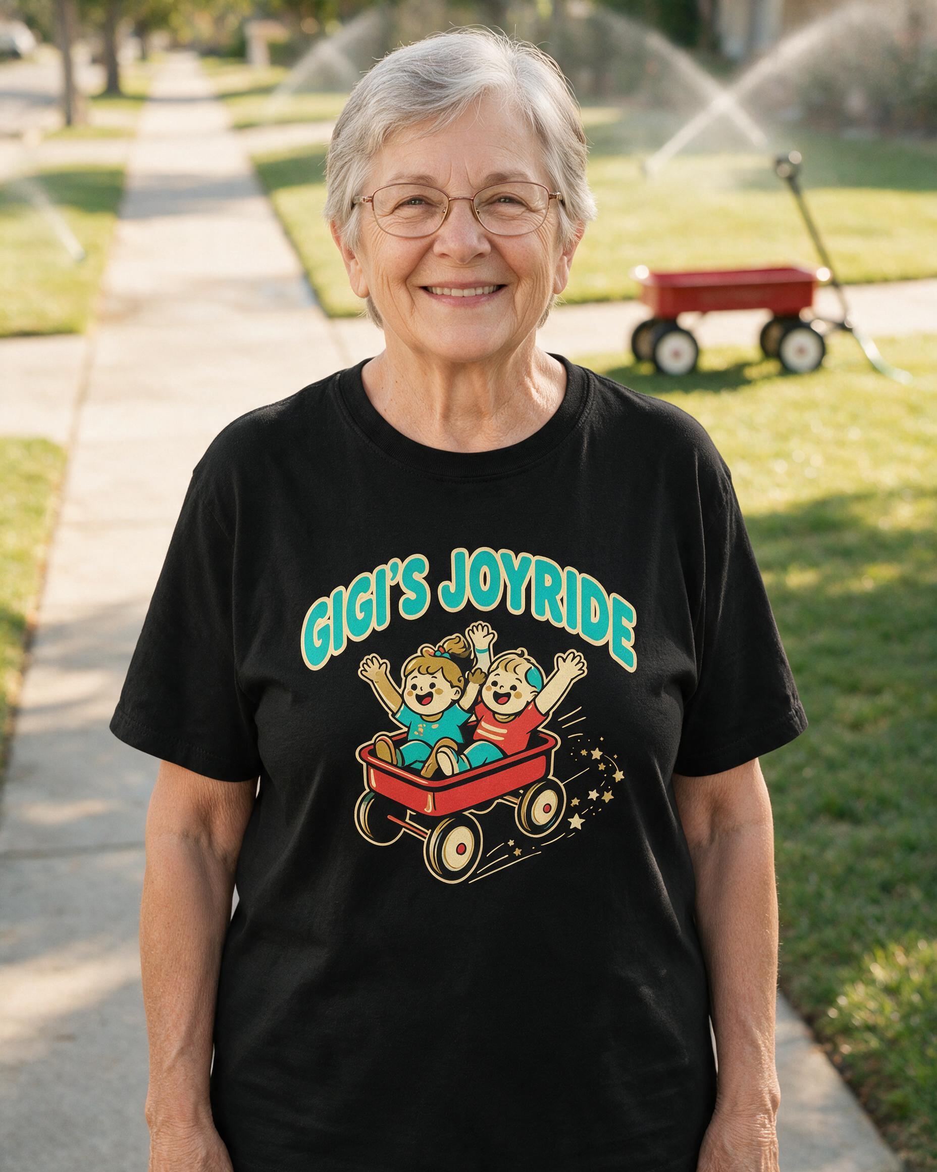 Grandma's Joyride Red Wagon Photo Cartoon Shirt — Black