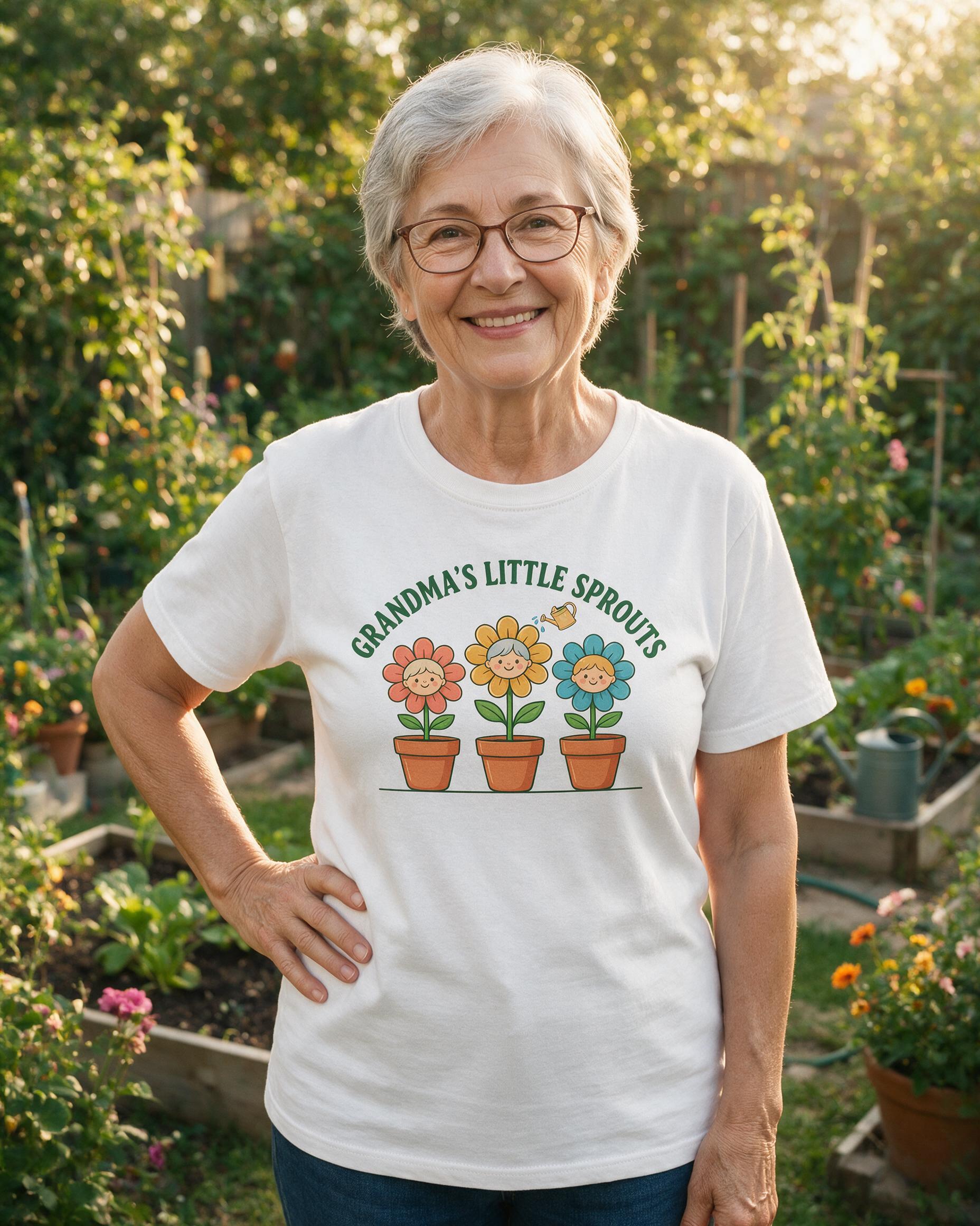 Grandma's Little Sprouts Flower Pots Photo Cartoon Shirt — White