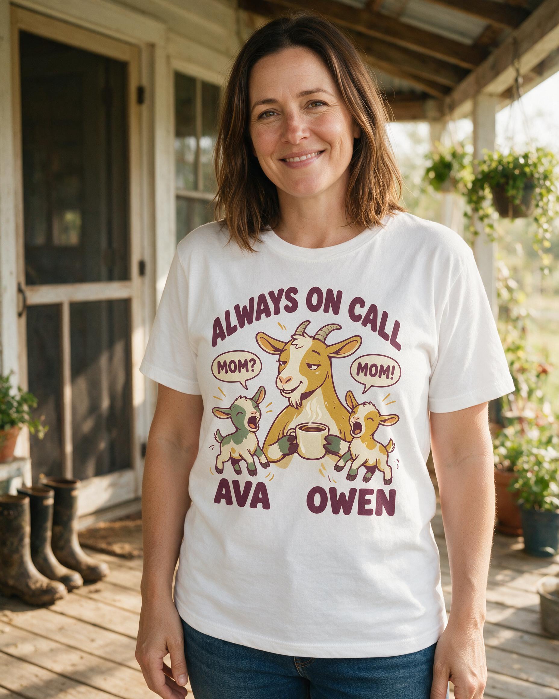 Funny Baby Goats Always On Call Mom Two Names Personalized Shirt β White