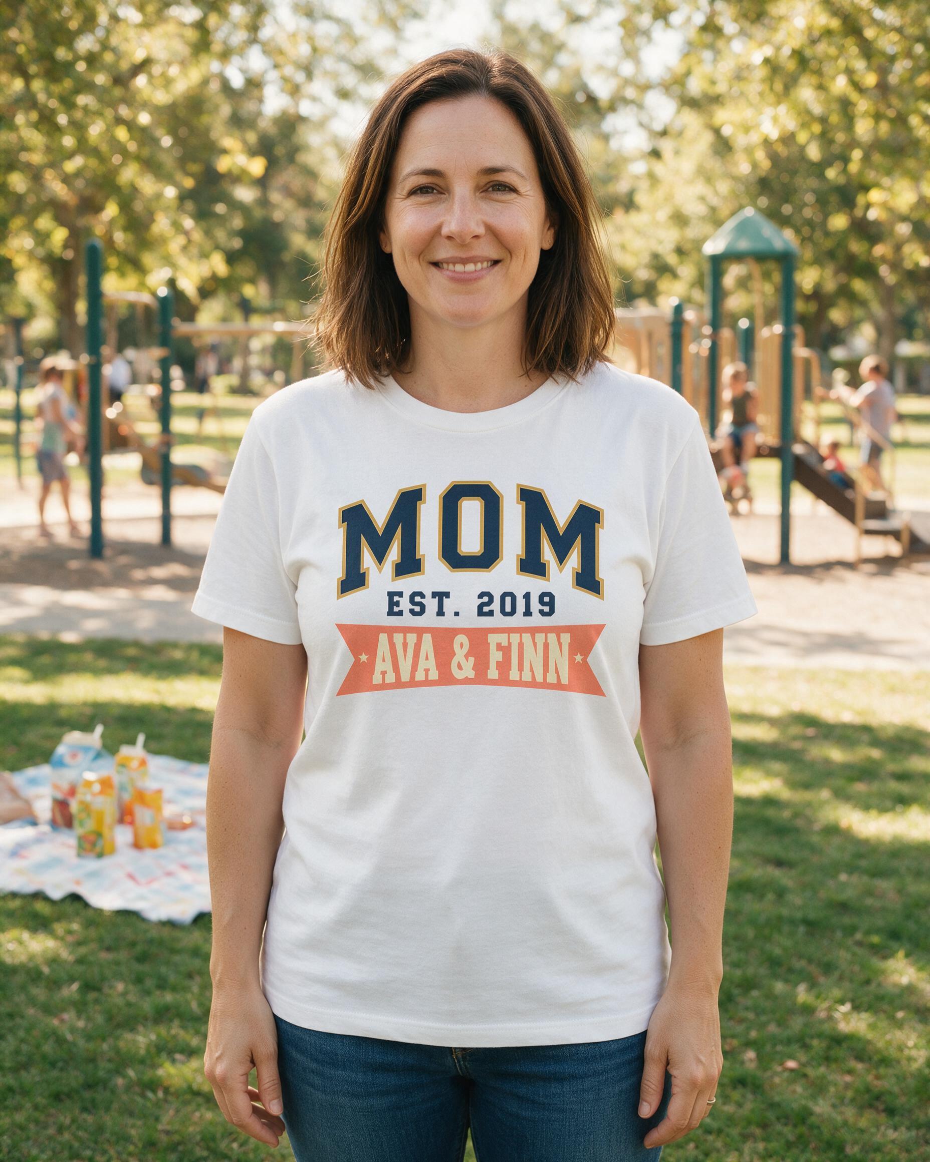 Mom Est Year Varsity Arc Two Names Personalized Shirt β White