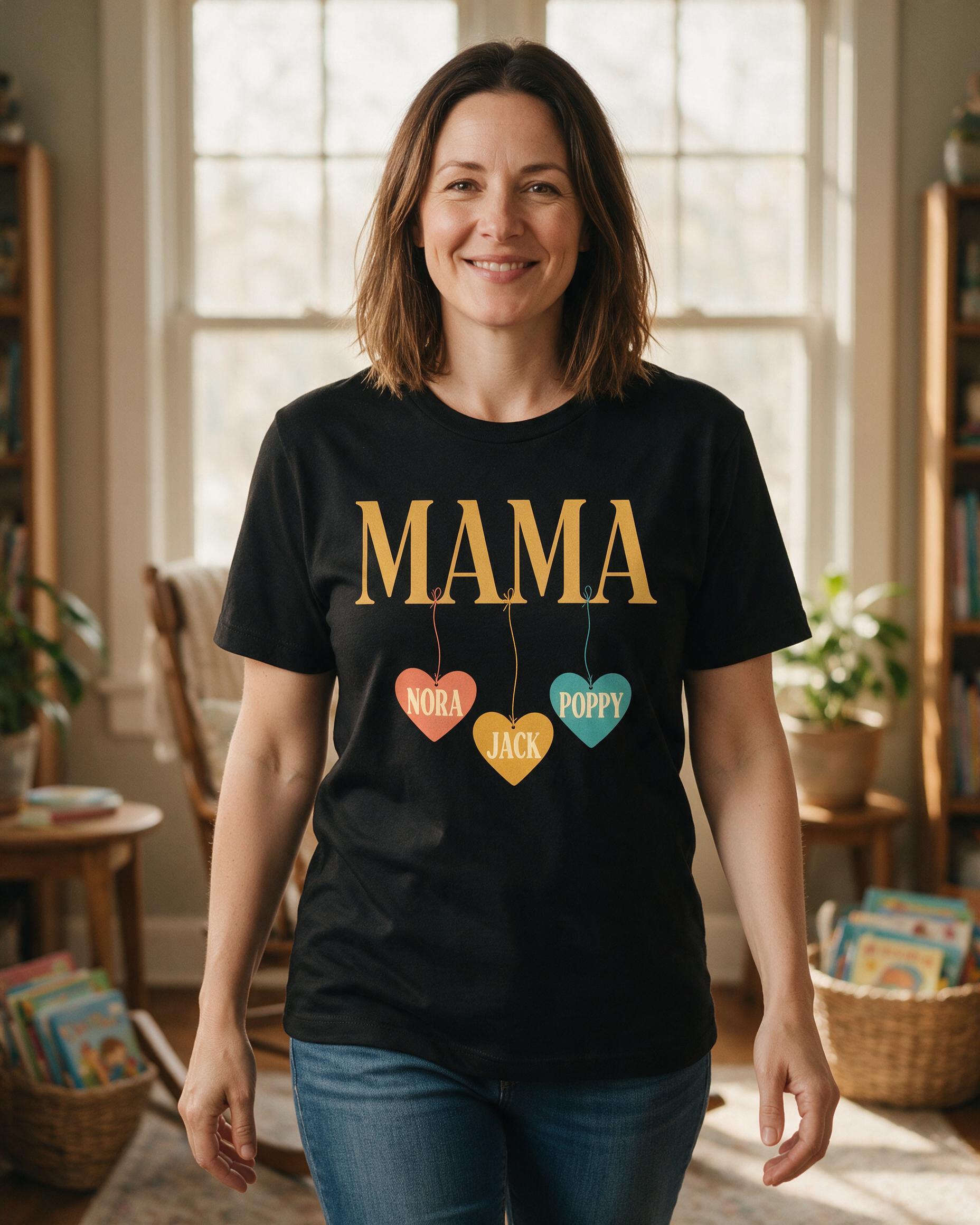 Mama Hanging Hearts Three Names Personalized Shirt β Black