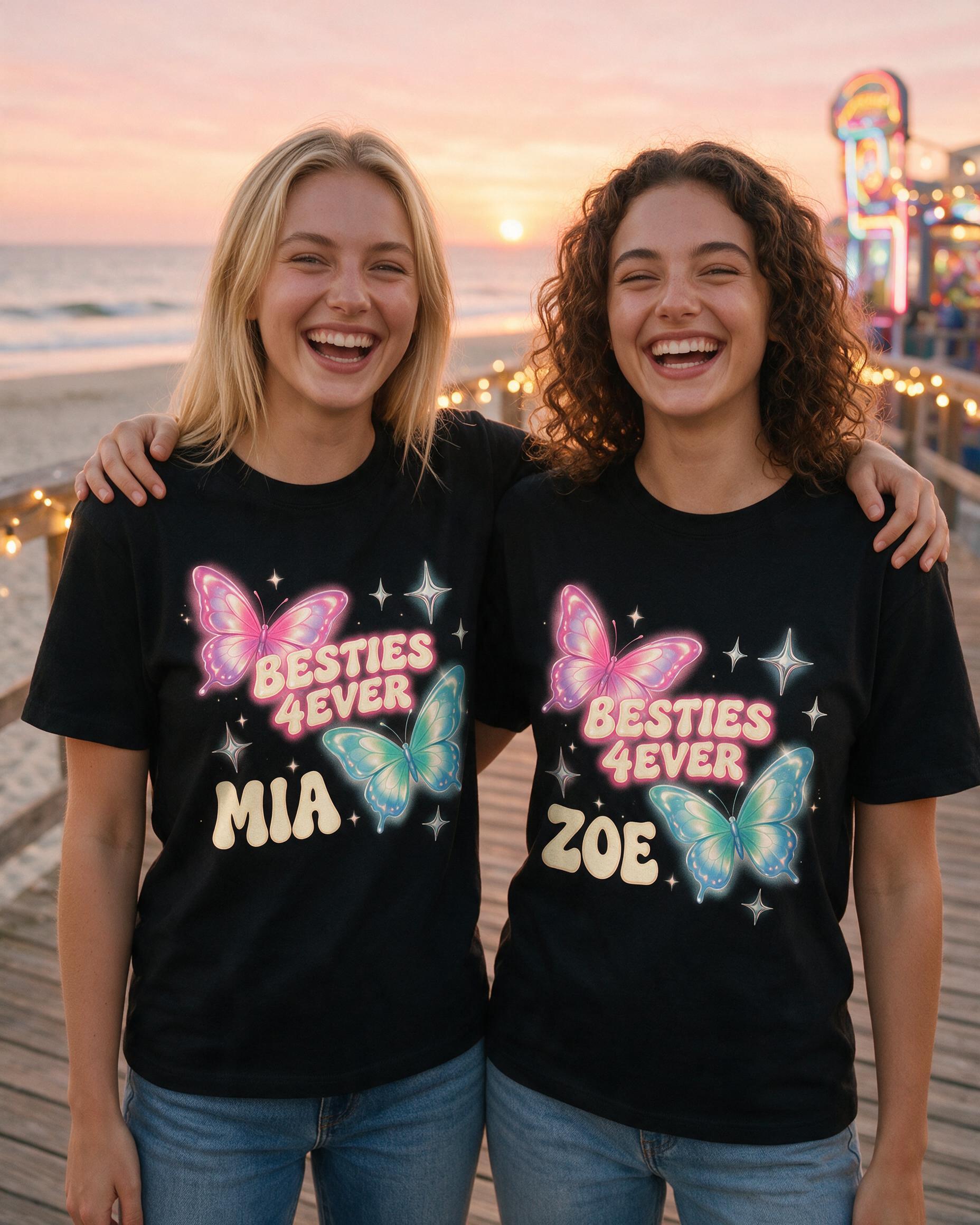 Y2K Airbrush Butterflies Besties Two Names Shirt — Black