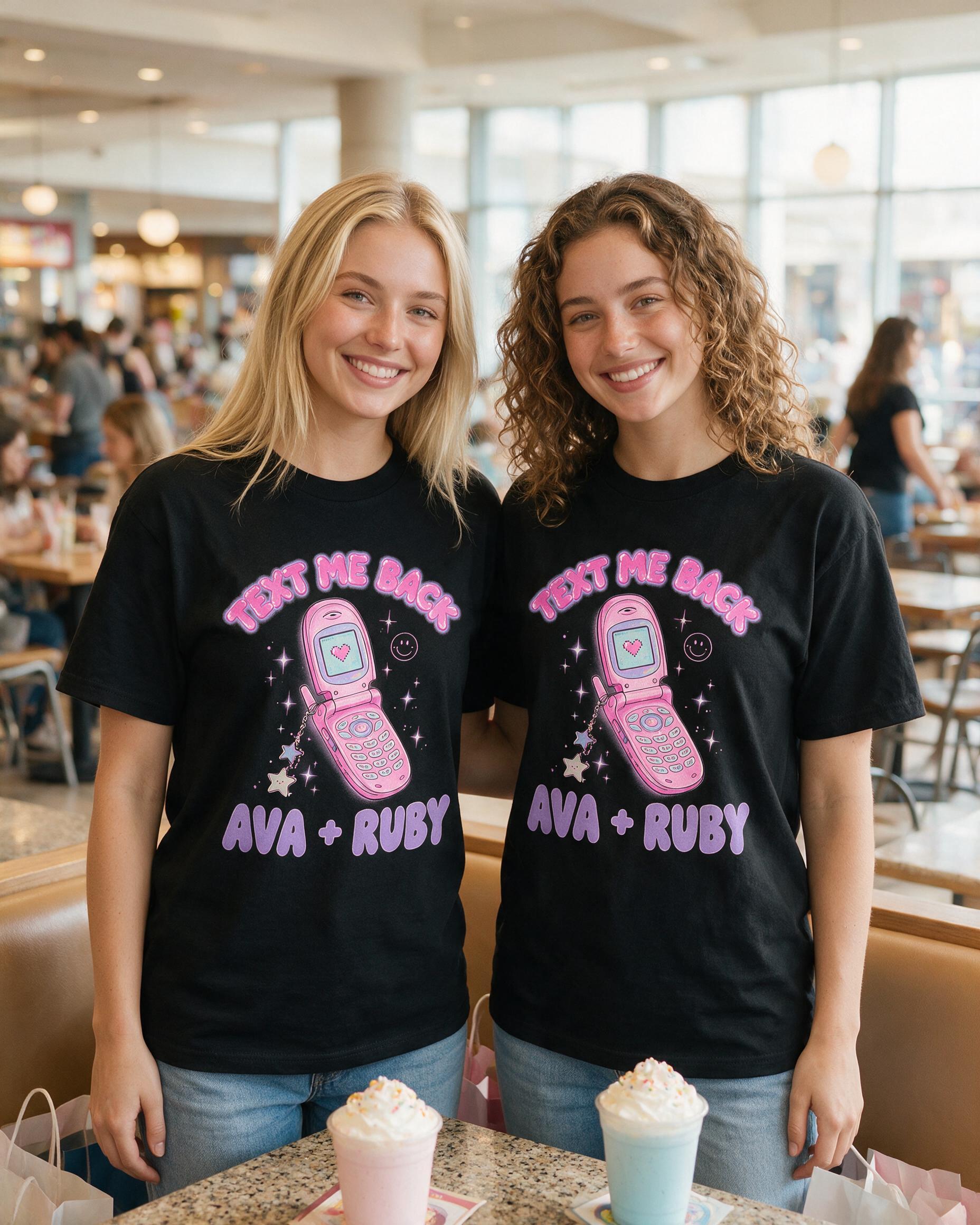 Y2K Flip Phone Text Me Back Besties Two Names Shirt — Black