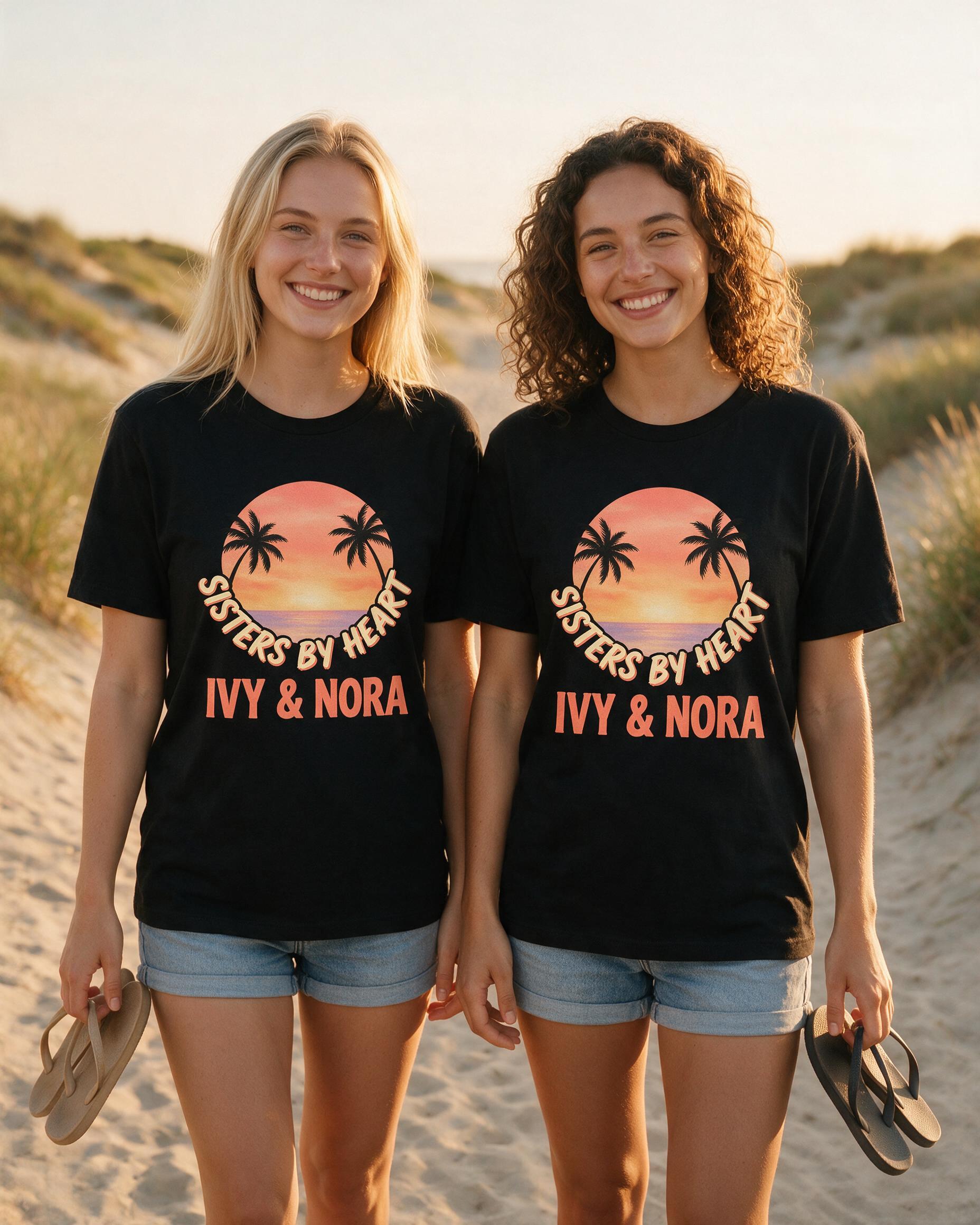 Airbrush Sunset Palms Sisters By Heart Two Names Shirt — Black