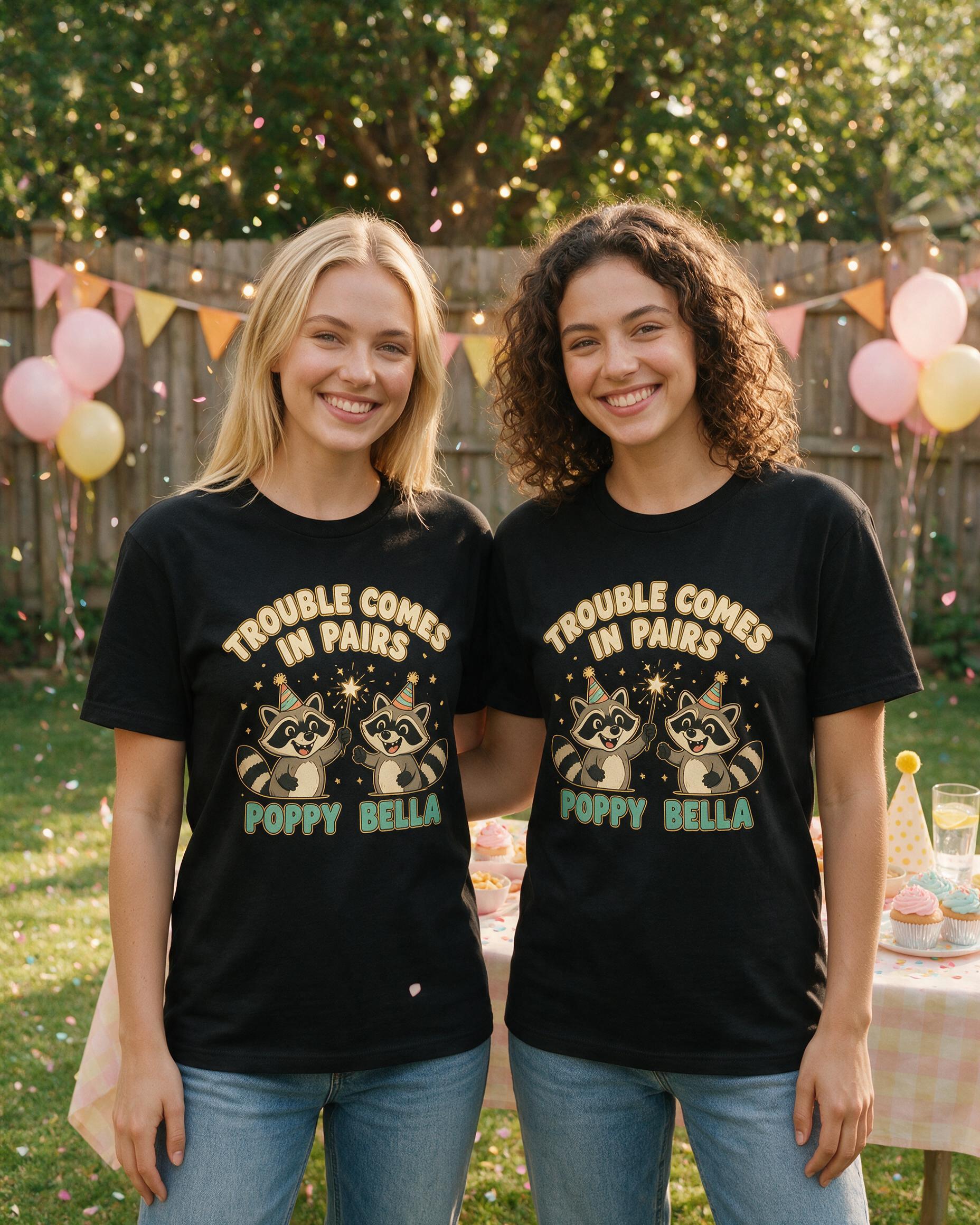 Trouble Comes In Pairs Raccoon Besties Two Names Shirt — Black
