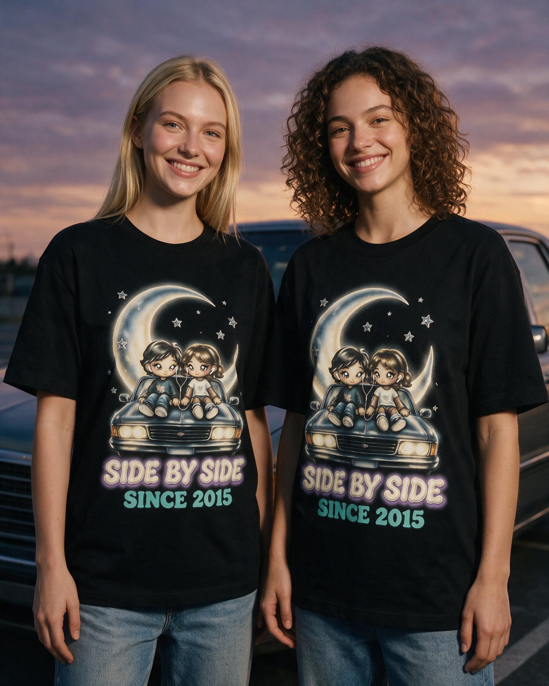 Side By Side Since Year Besties Photo Cartoon Shirt — Black