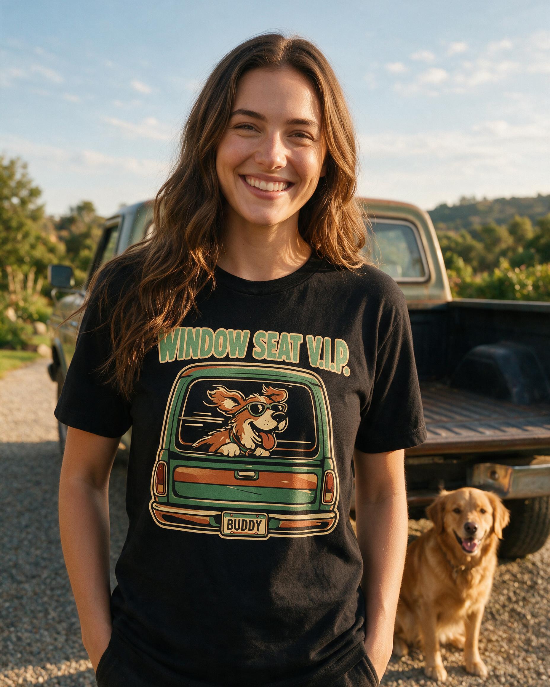 Window Seat VIP Dog In Truck Personalized Shirt — Black