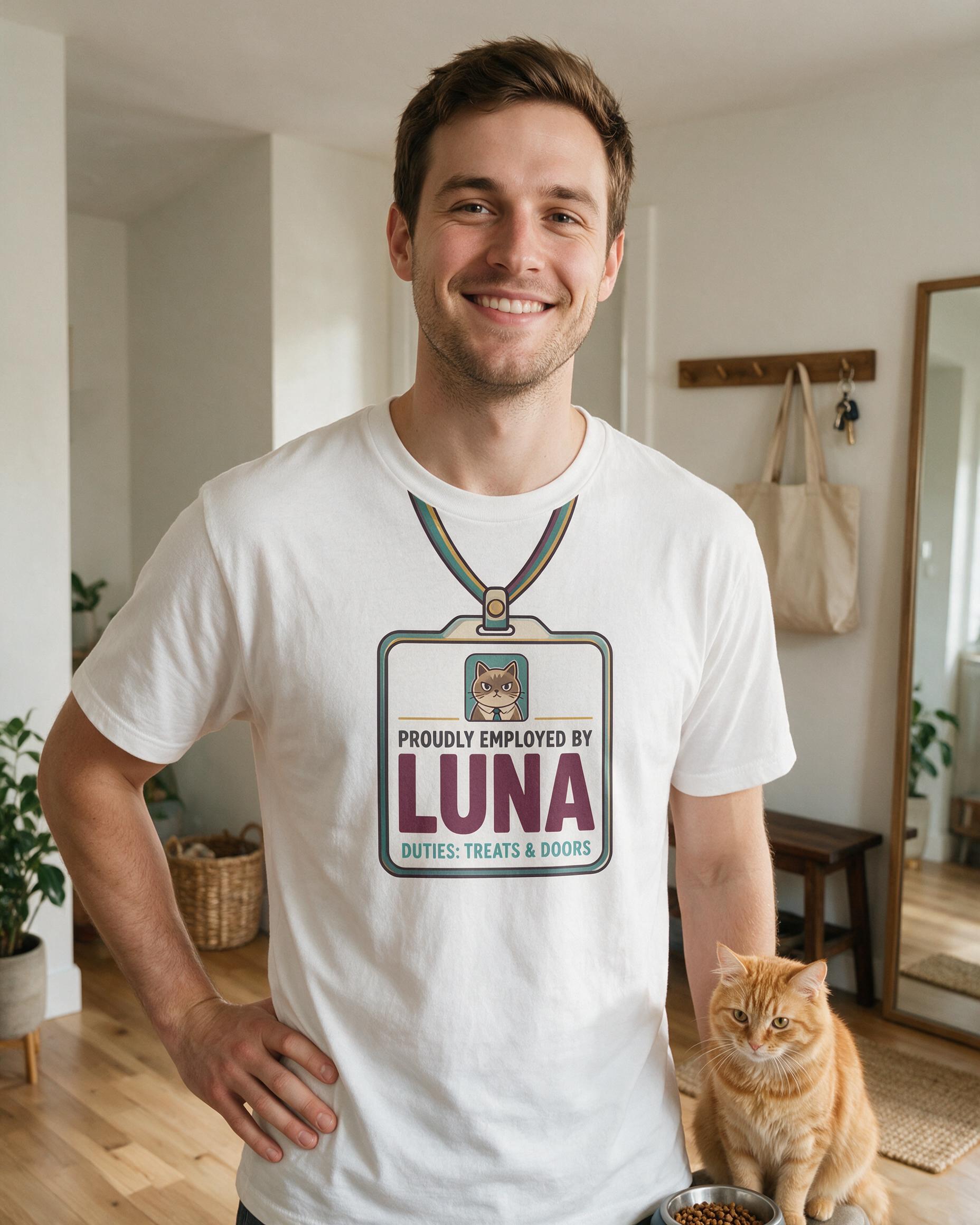 Proudly Employed By My Cat Funny Cat Dad Personalized Shirt — White