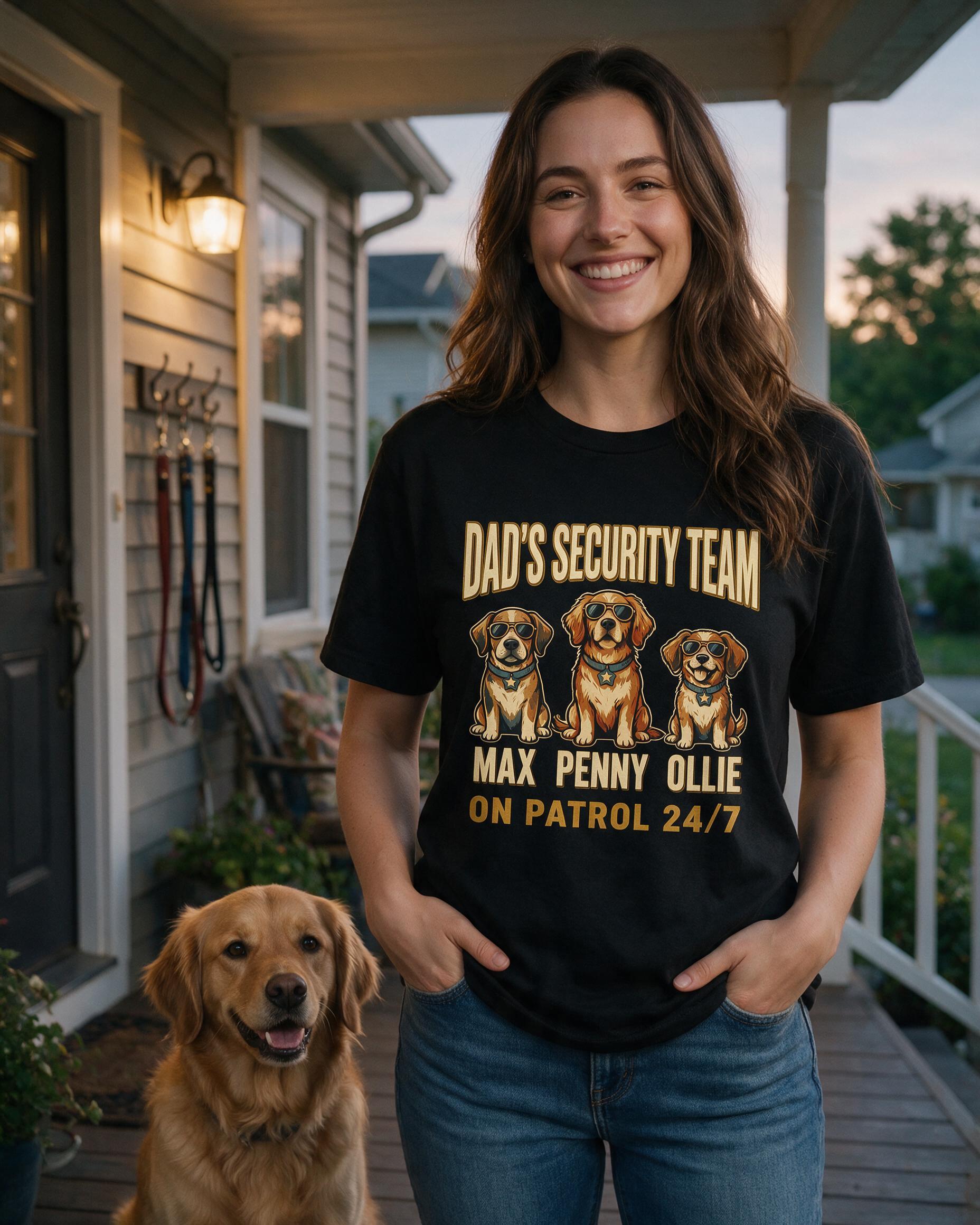 Dad's Security Team Three Dogs Badge Names Shirt — Black