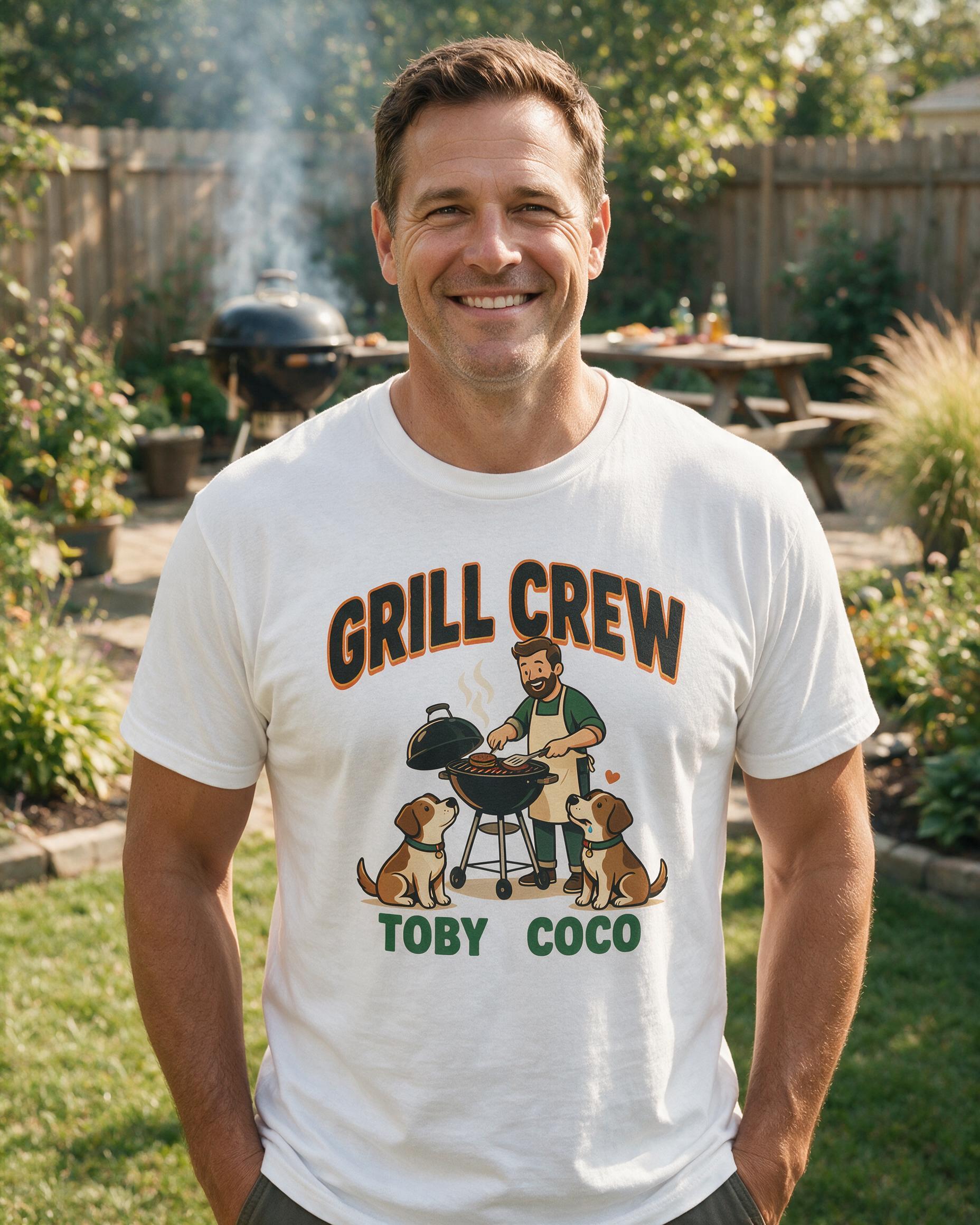 Backyard Grill Crew Dad And Dogs Two Names Shirt — White