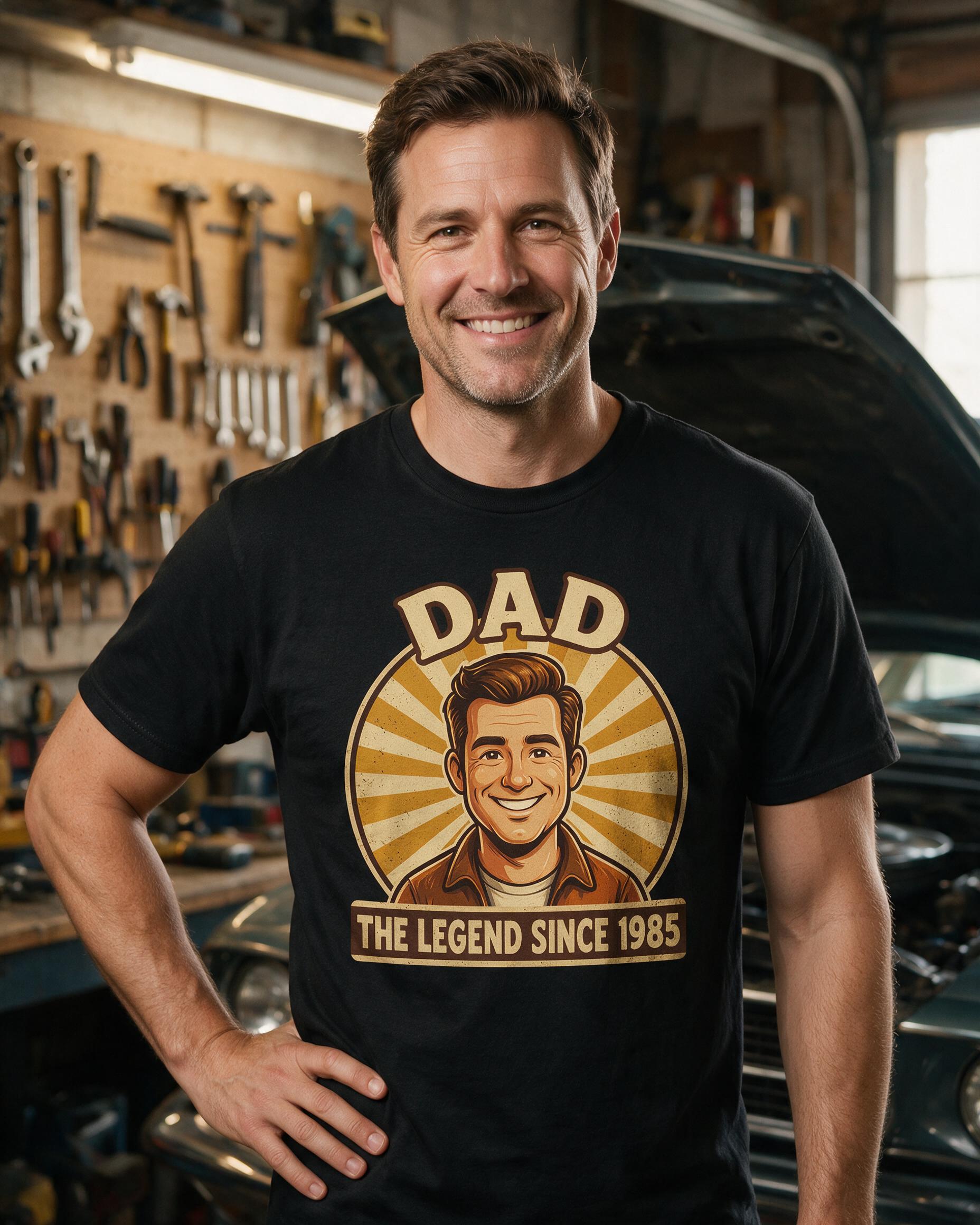 Retro Sunburst Dad Portrait Photo Cartoon Legend Shirt — Black