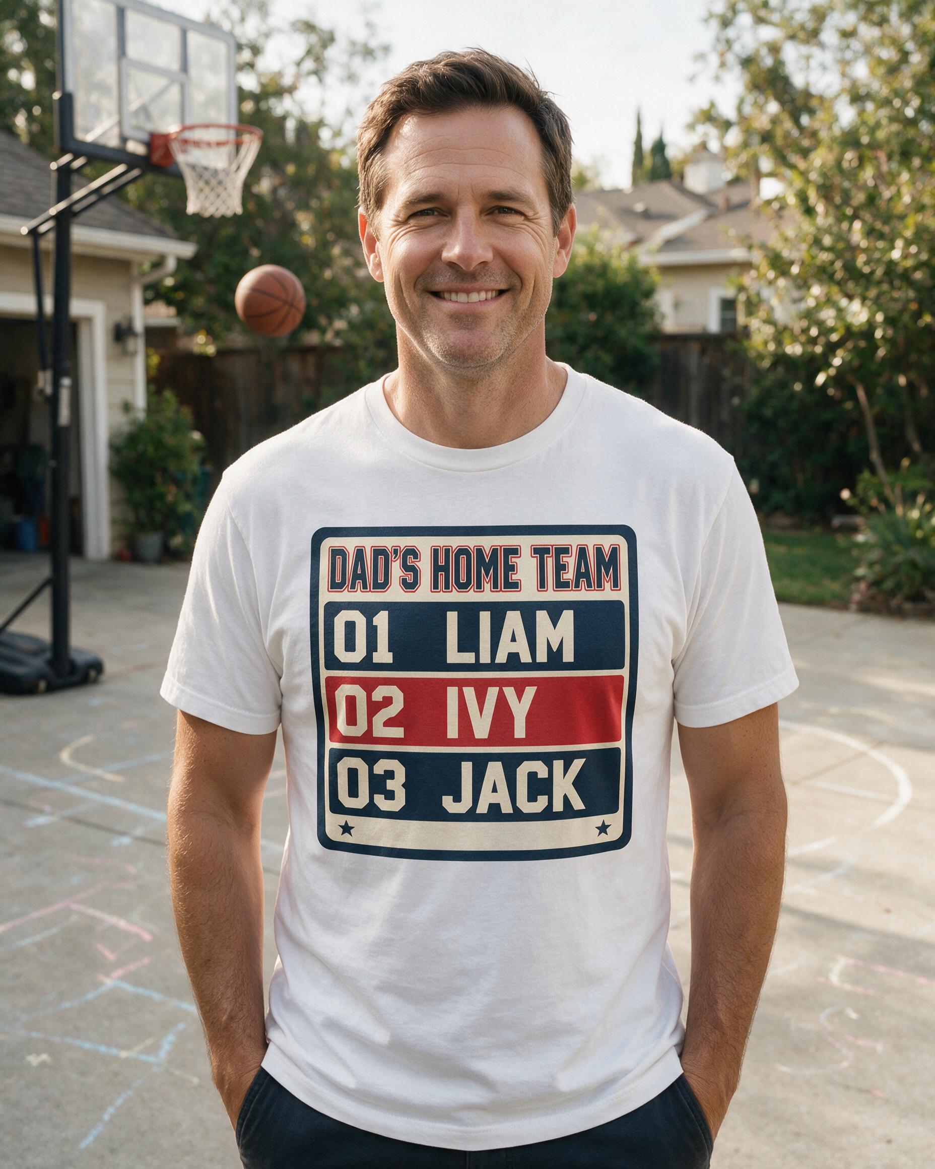 Dad's Home Team Roster Three Names Personalized Shirt — White