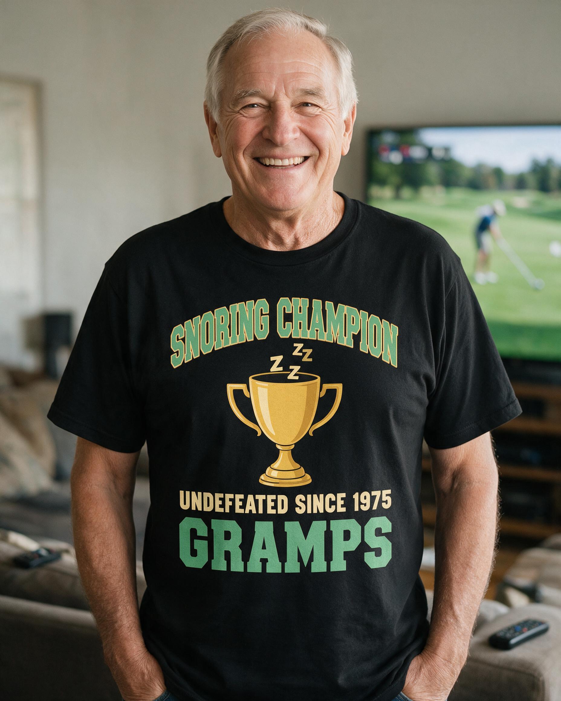 Snoring Champion Undefeated Grandpa Personalized Shirt — Black