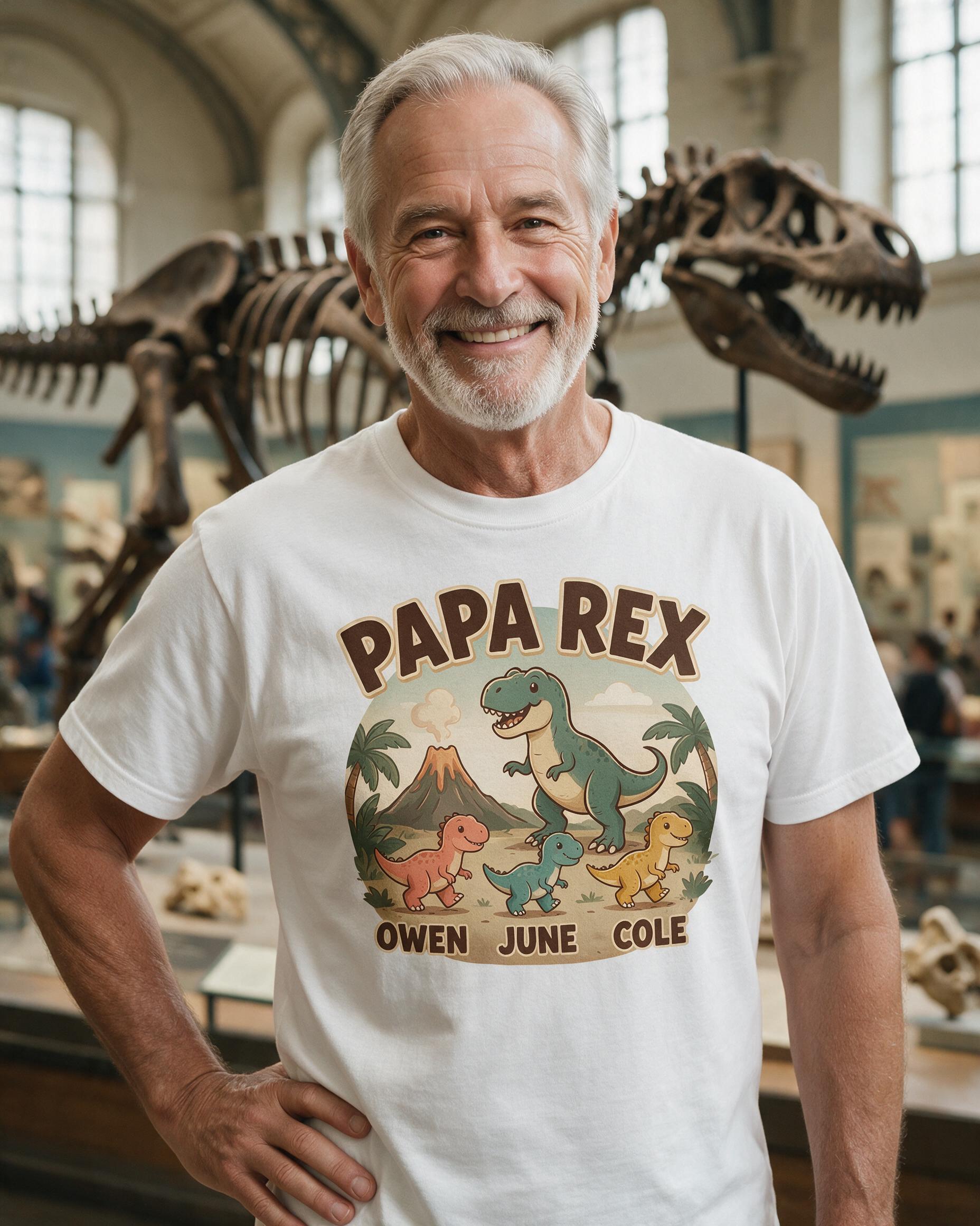 Papa Rex Three Little Dinos Volcano Names Personalized Shirt — White