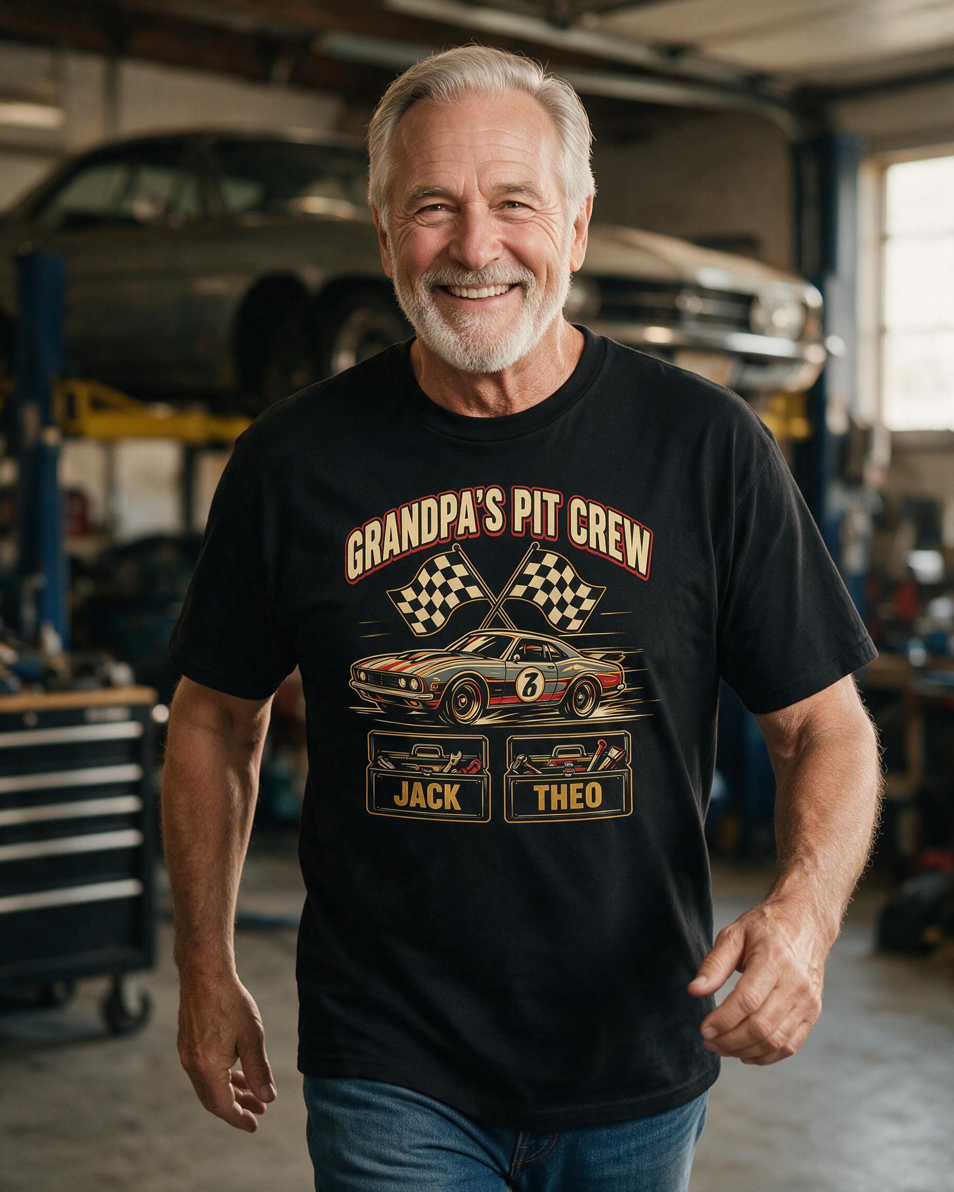 Grandpa's Pit Crew Race Garage Two Names Personalized Shirt — Black