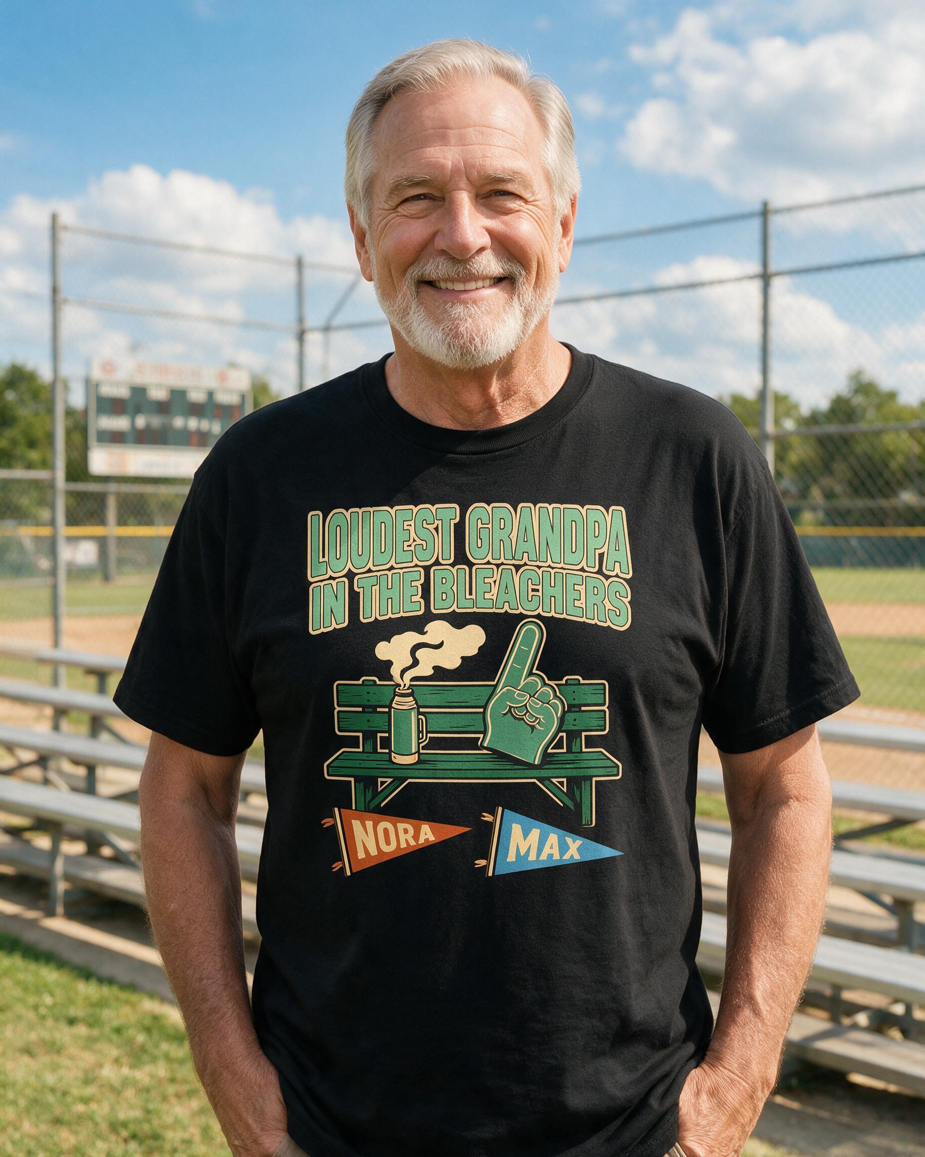 Loudest Grandpa In The Bleachers Two Names Personalized Shirt — Black