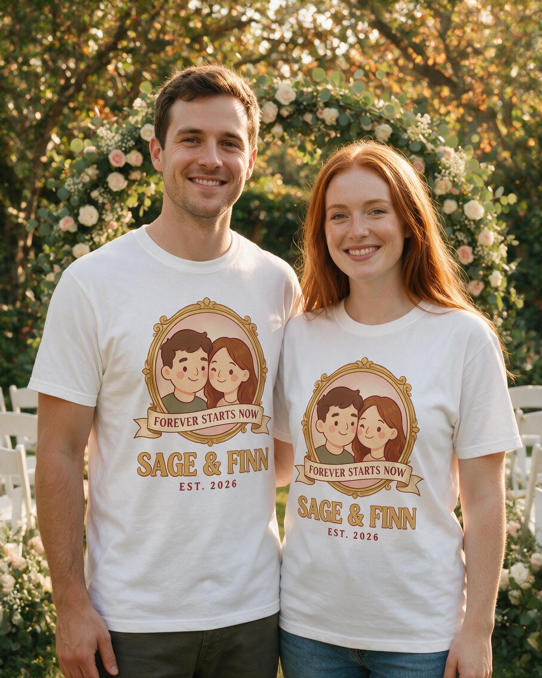 Vintage Oval Frame Engagement Photo Cartoon Two Names Shirt β White