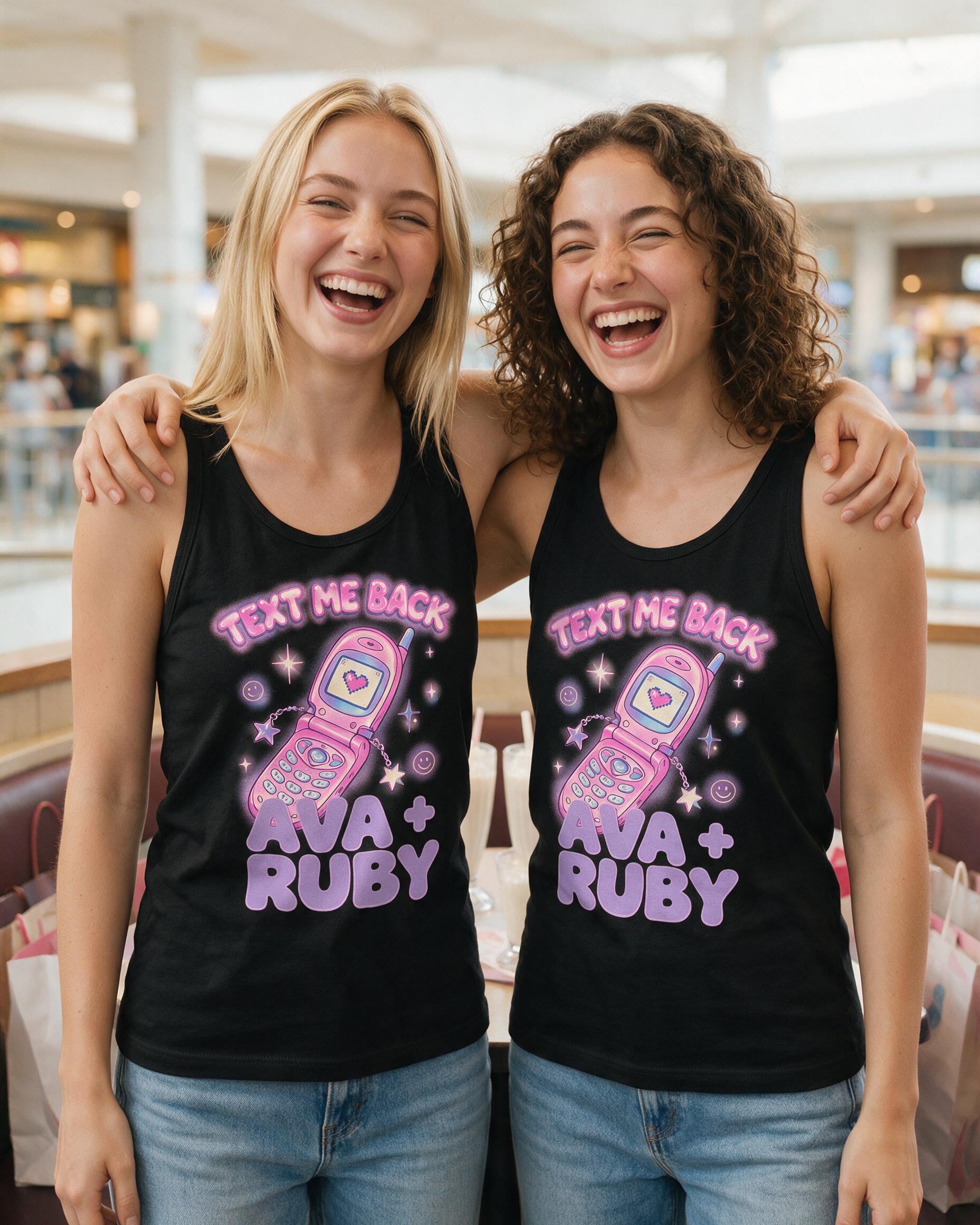 Y2K Flip Phone Text Me Back Besties Two Names Tank Top — Black