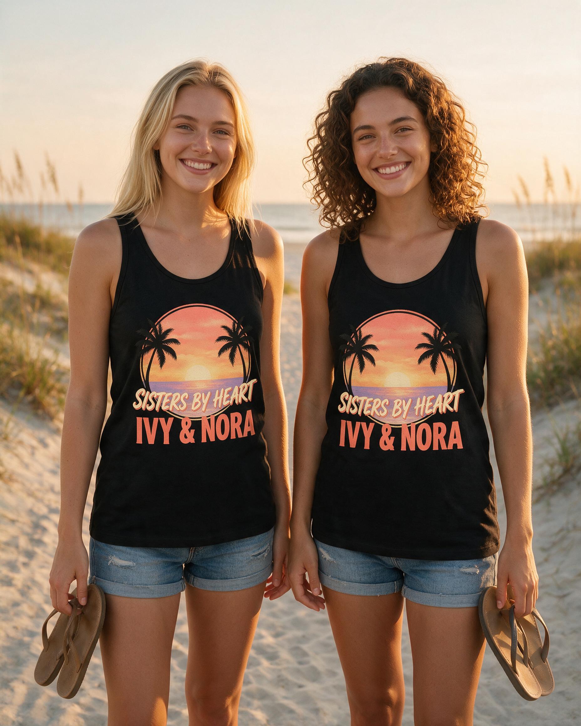 Airbrush Sunset Palms Sisters By Heart Two Names Tank Top — Black