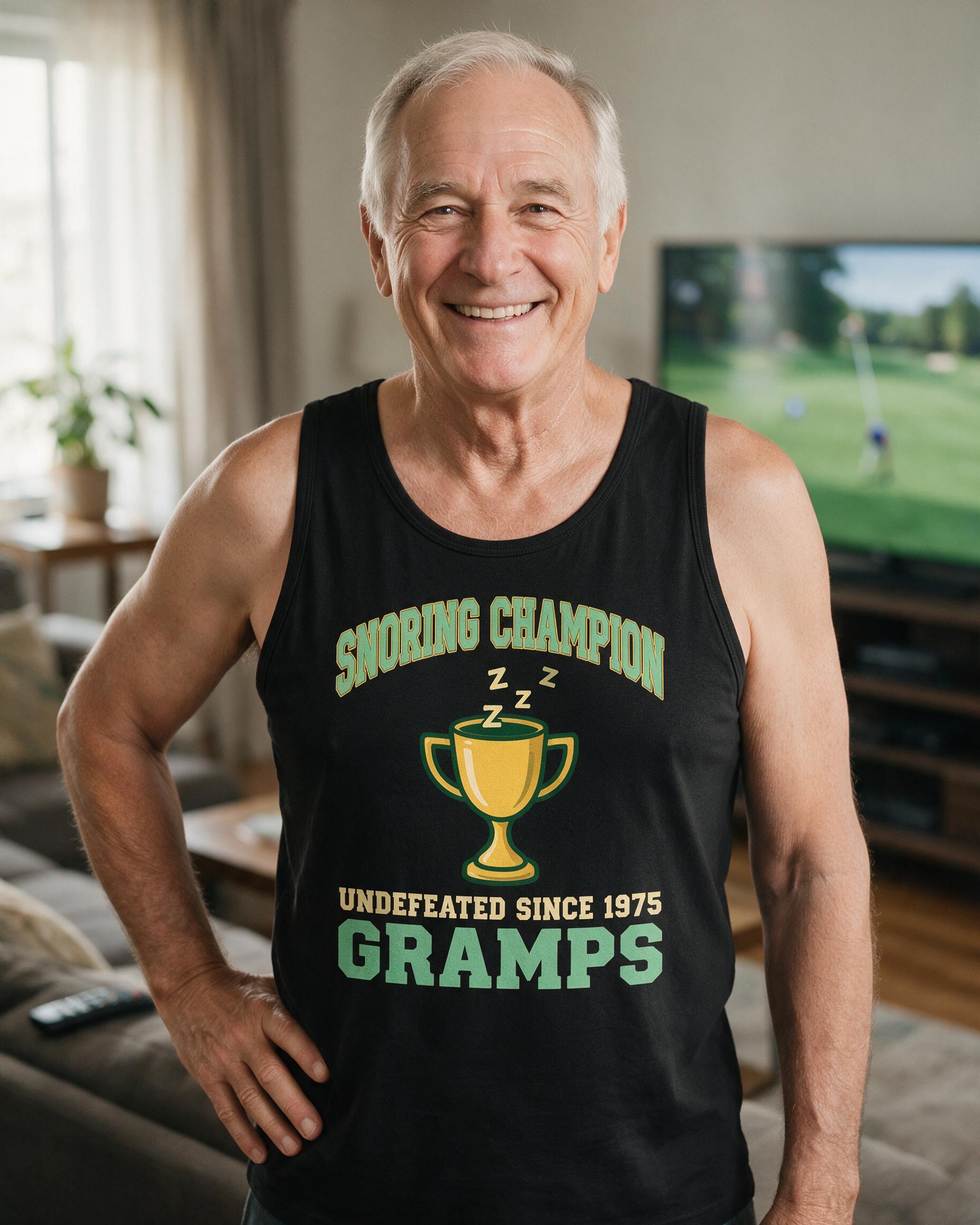 Snoring Champion Undefeated Grandpa Personalized Tank Top — Black
