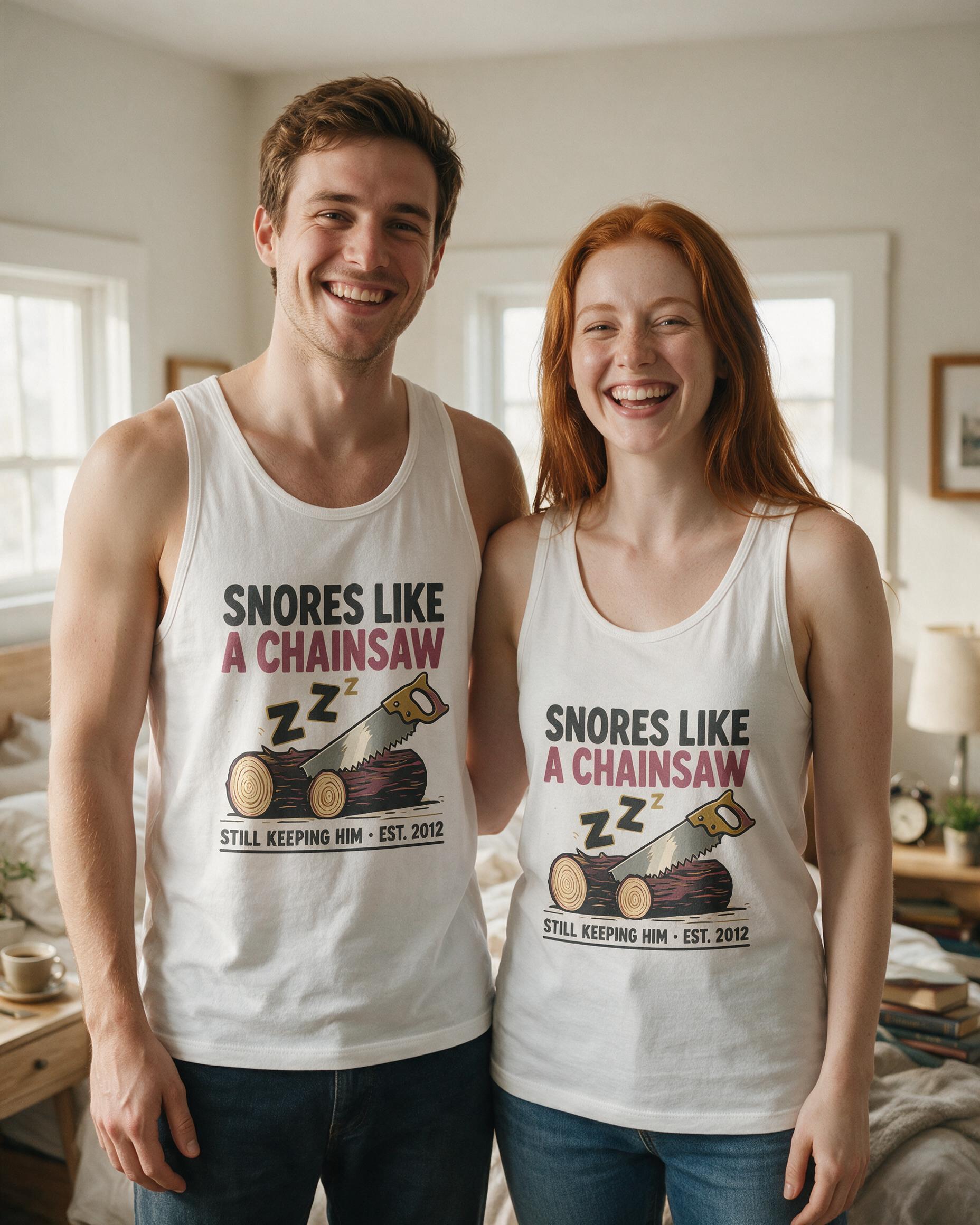 Snores Like A Chainsaw Still Keeping Him Funny Wife Tank Top — White