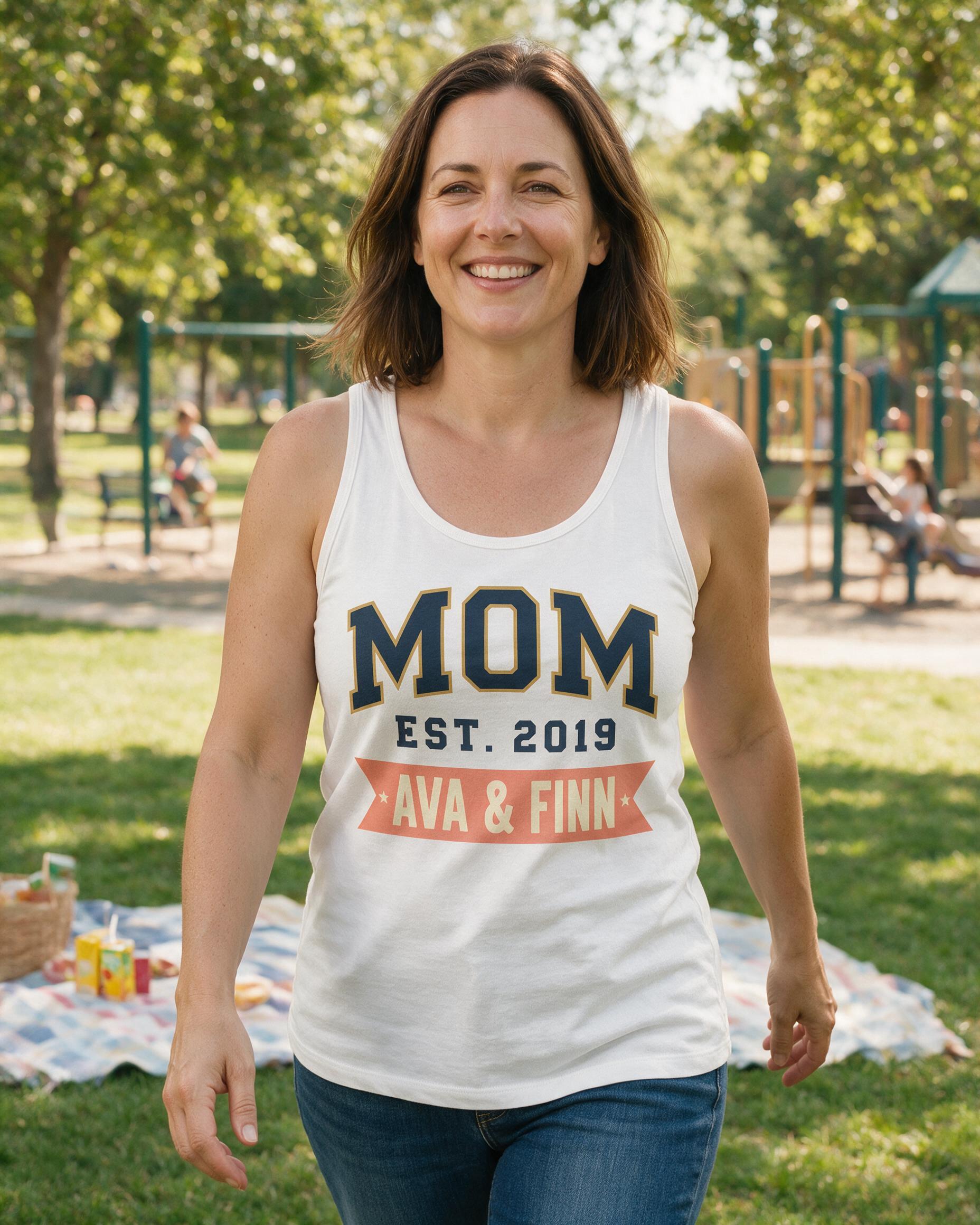 Mom Est Year Varsity Arc Two Names Personalized Tank Top β White