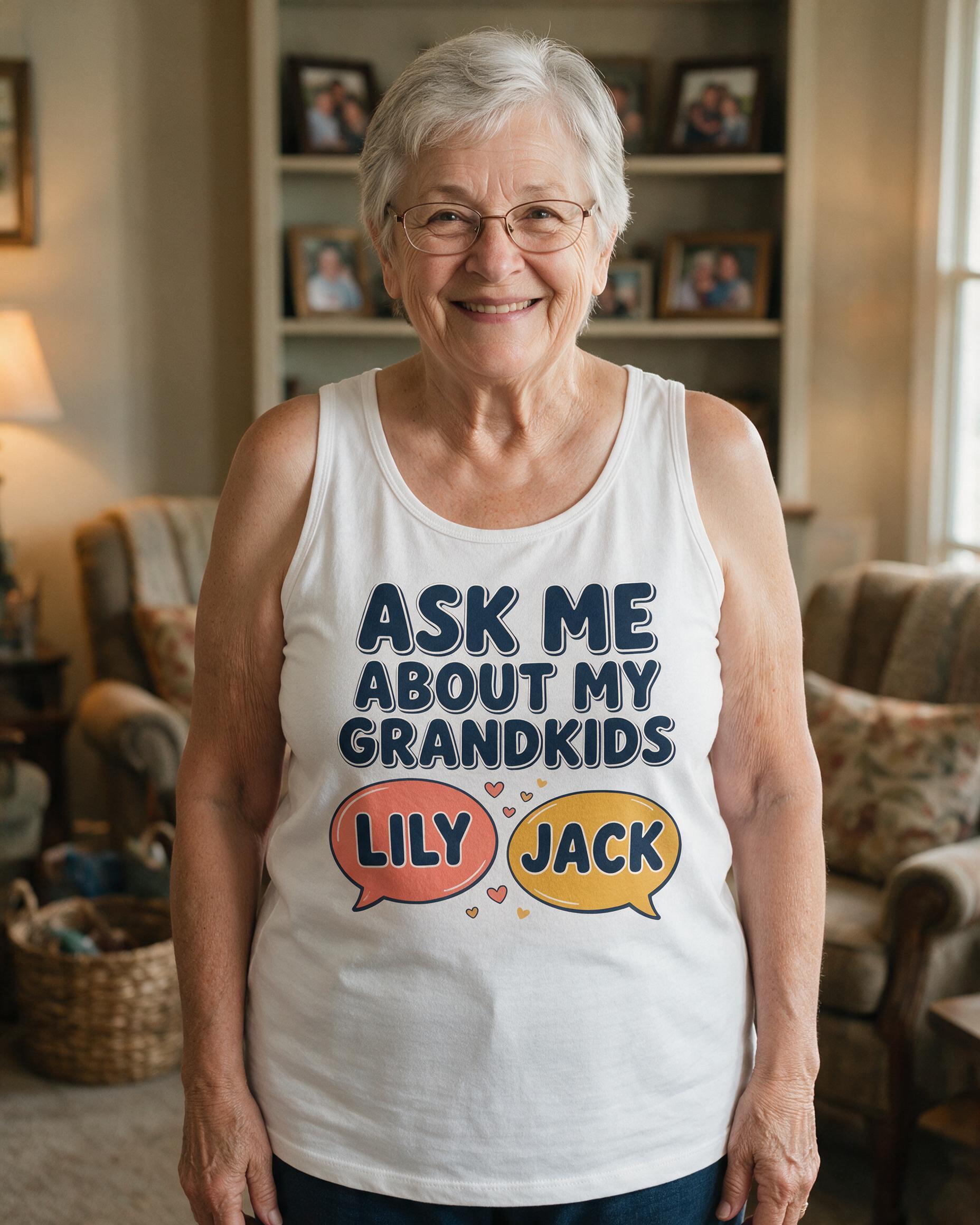 Ask Me About My Grandkids Two Names Personalized Tank Top — White