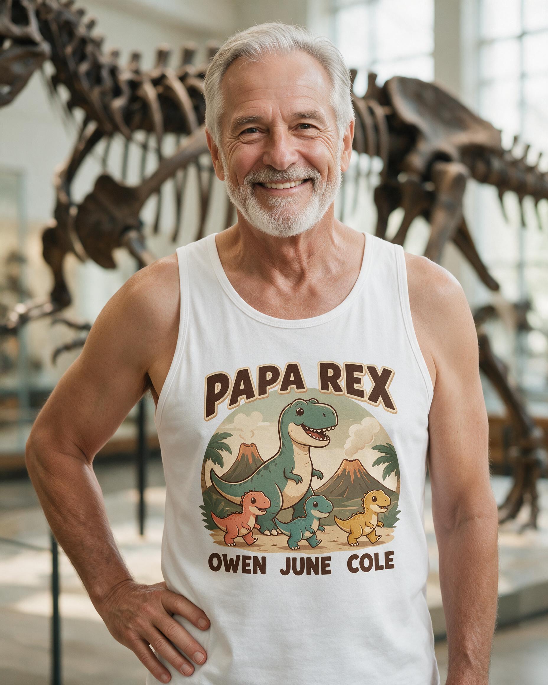 Papa Rex Three Little Dinos Volcano Names Personalized Tank Top — White